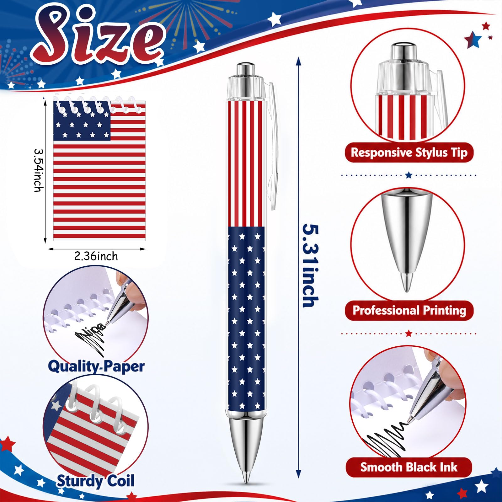 Dansydaisy 32 Pcs 4th of July Gifts Set American Flag Makeup Bags Bulk 250th Anniversary USA Patriotic Socks Red White and Blue to Do List Notepad Ballpoint Pens Star Keychain for Party Favors