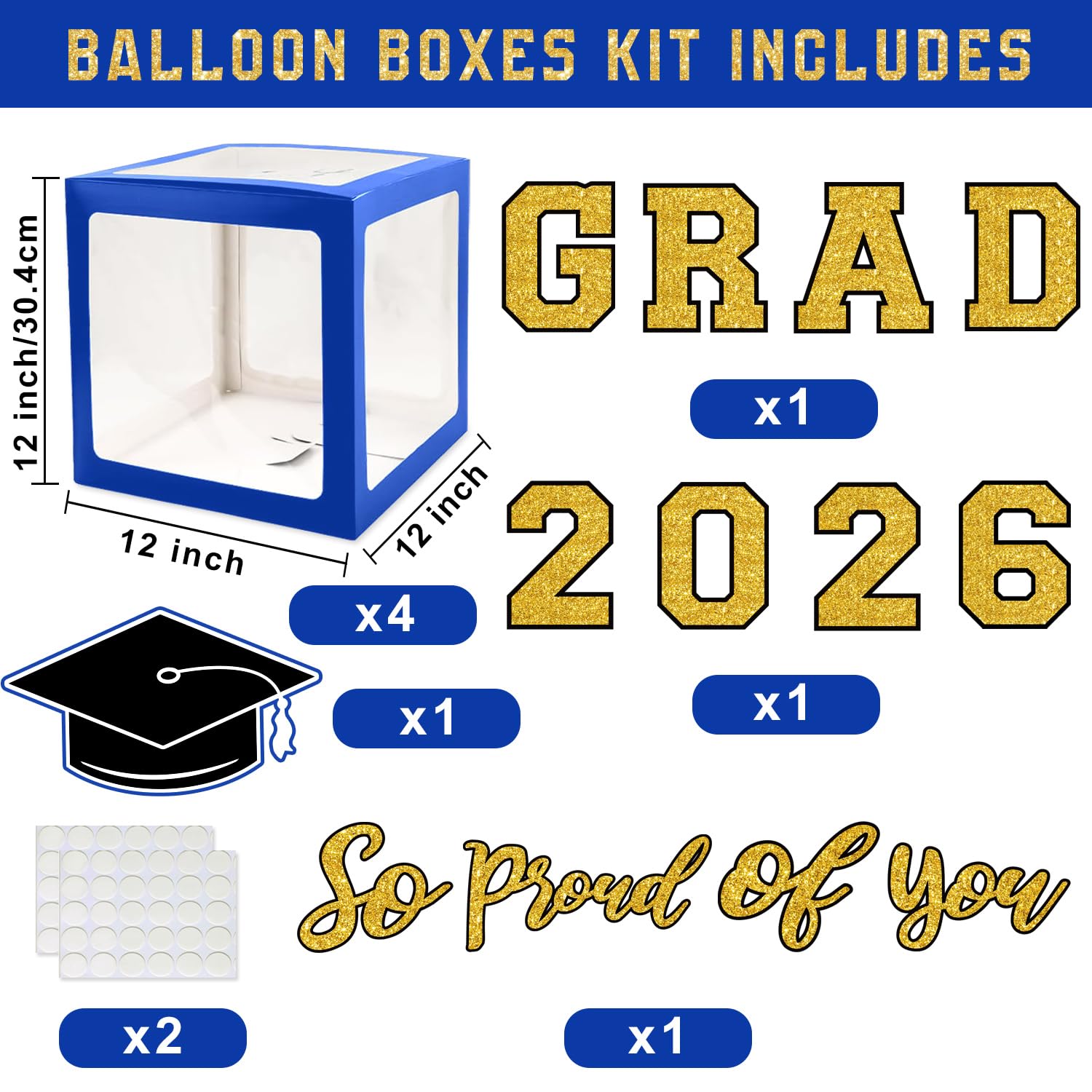 Graduation Decorations Class of 2026 - Blue and Gold Balloons Boxes with Letters 2026 GRAD So Proud of You - Complete Party Supplies for High School & College Celebrations