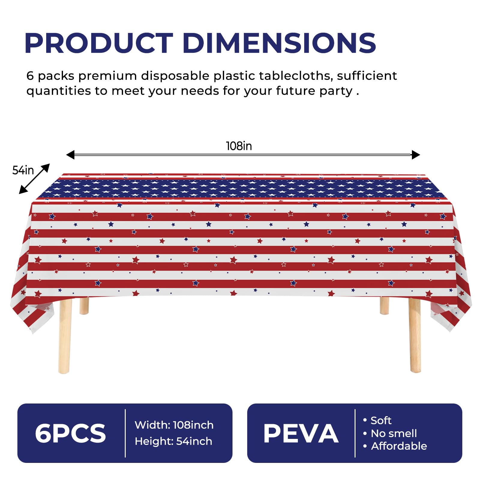 JHDZDHY 6 Pack American Flag Tablecloth, 4th of July Patriotic Table Cover (54"x108") Disposable Plastic Table Cloth, Decorations for Veterans Day, Patriotic, Memorial, Fourth of July, Independence
