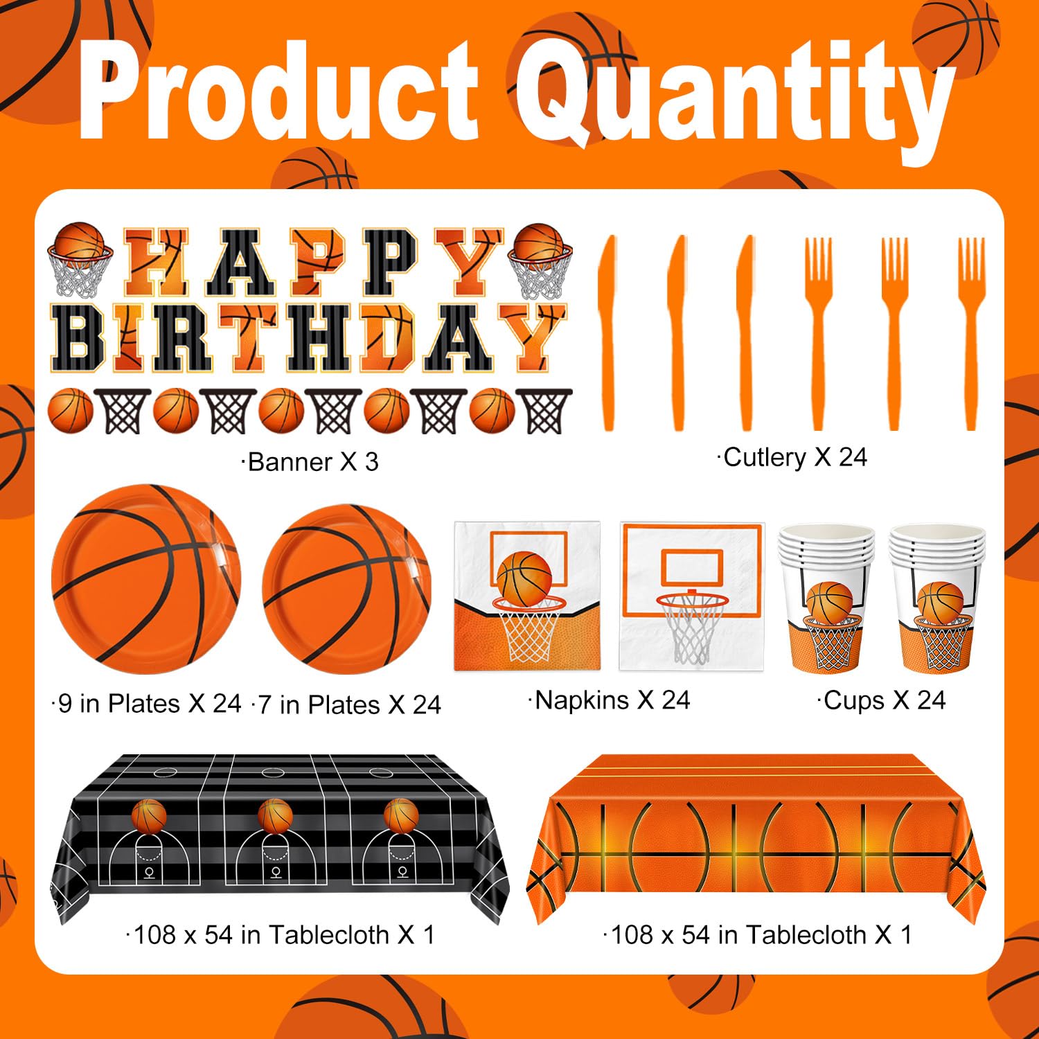 QIYANPAX 147 PCS Basketball Party Decorations - Basketball Party Supplies - Plates, Napkins, Cups, Cutlery, Banner, Tablecloths for Birthday Party Decorations, Serves 24