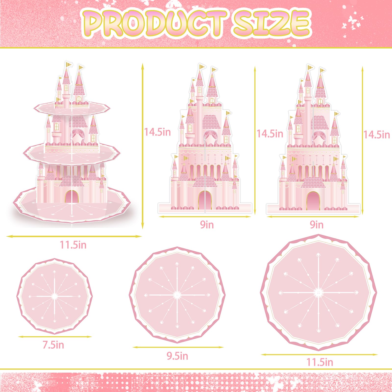 KALEFO Princess Party Supplies 3 Tier Cupcake Stand Birthday Decorations Pink Castle Cake Treat Table Decor(Princess)
