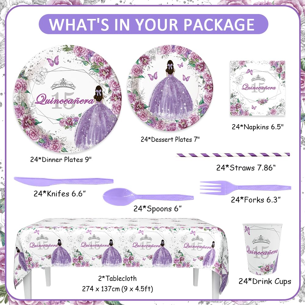 AIBIIN 194pcs Quinceanera Decorations 15th Birthday Decorations Party Plates, Cup, Napkin, Tablecloth, Tableware, Purple Disposable Quinceanera Birthday Party Supplies Plates Serve 24 Guests
