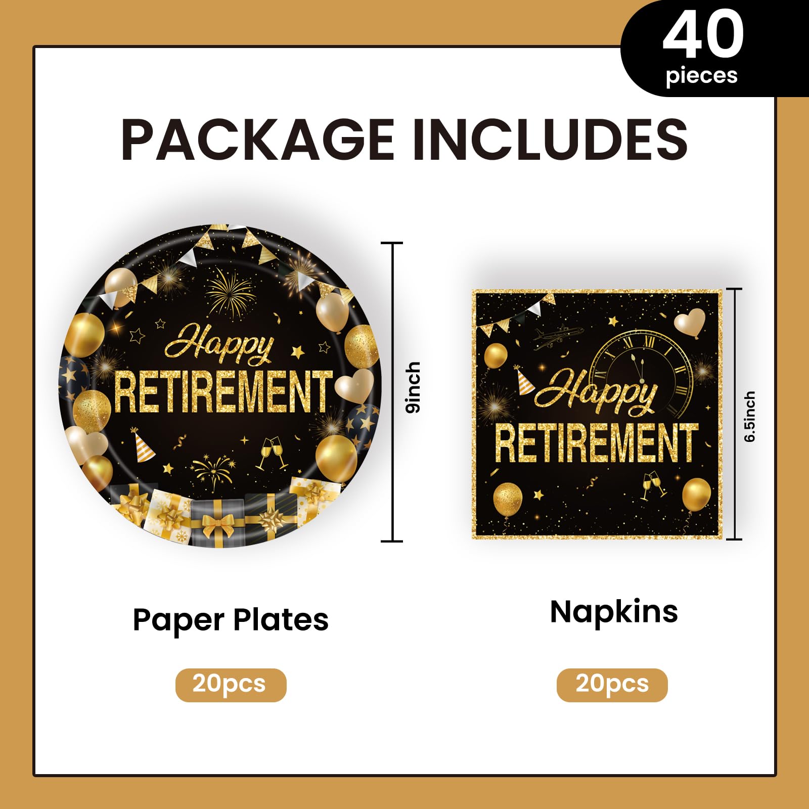 40Pcs Retirement Paper Plates and Napkins Party Supplies, Disposable Happy Retirement Decorations Party Plates Napkins Black Gold Tableware Set for Men Women
