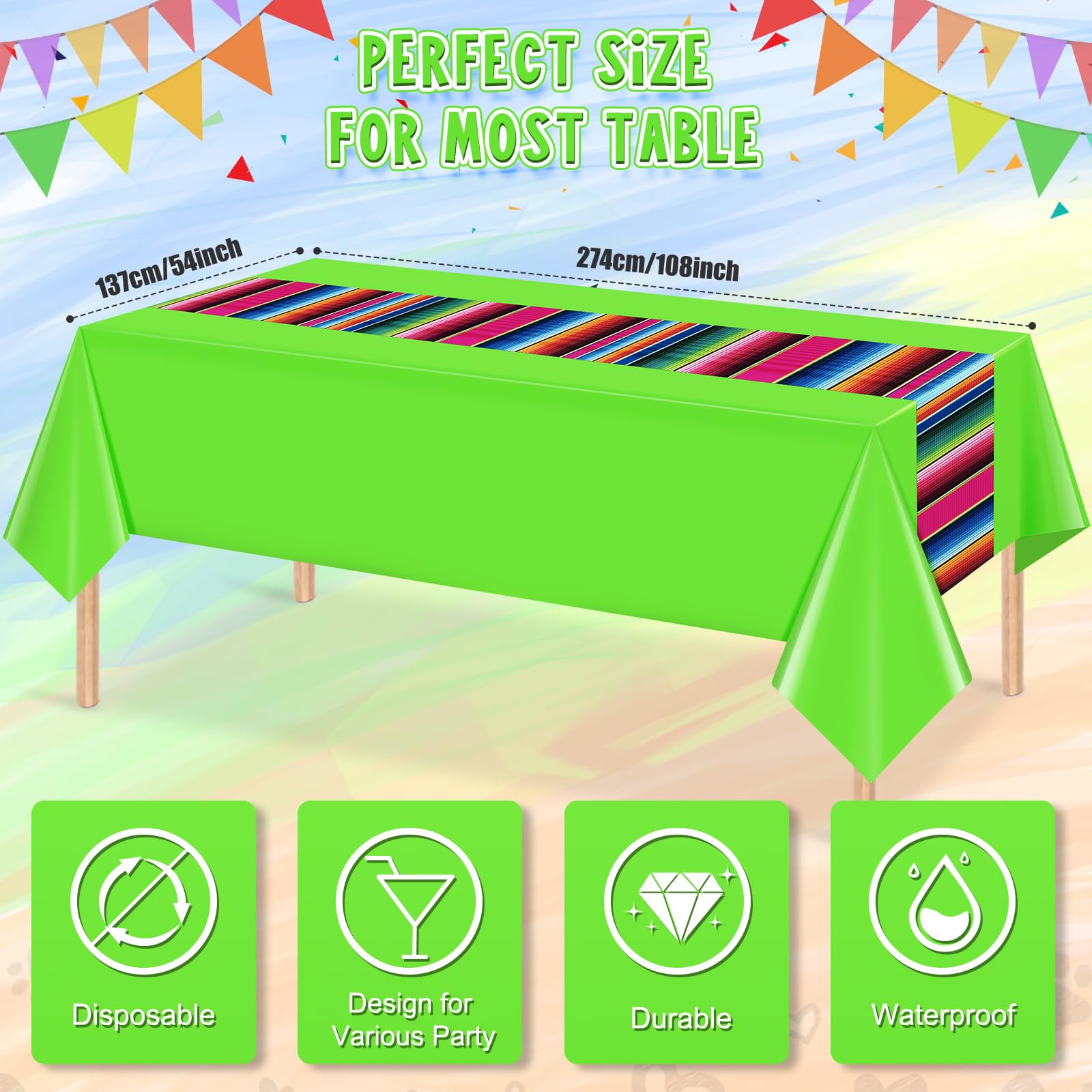 6 Pcs Mexican Fiesta Plastic Tablecloth, Rectangle Disposable Table Cloth Striped Table Cover for Cinco De Mayo Taco Night Fiesta Party Decoration, Mexican Wedding Birthday Home Decor, 108 x 54 Inch