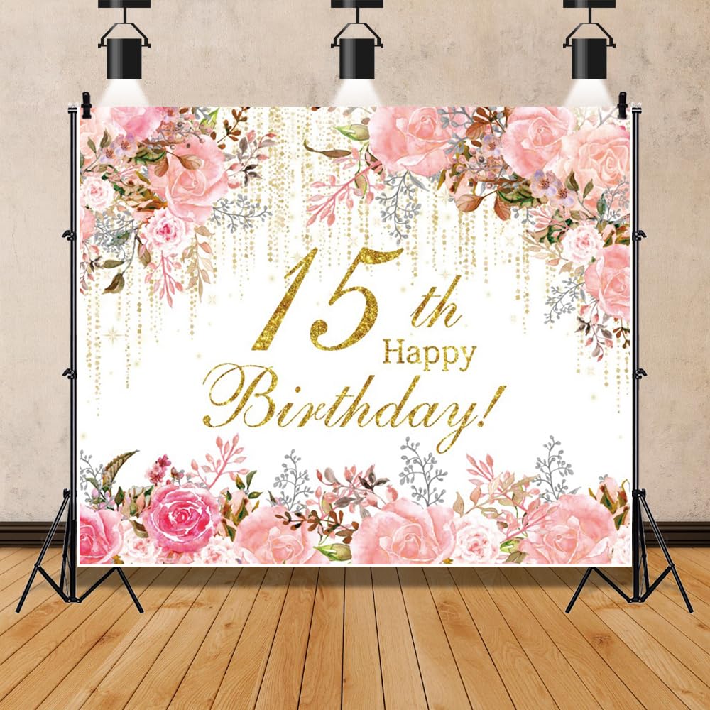Pnylzzyxh 15th Birthday Backdrop Banner Happy 15th Birthday Decorations Girl 10x8ft Quinceanera Backdrop Watercolor Floral Photography Background Cake Table Supplies Photo Studio Props