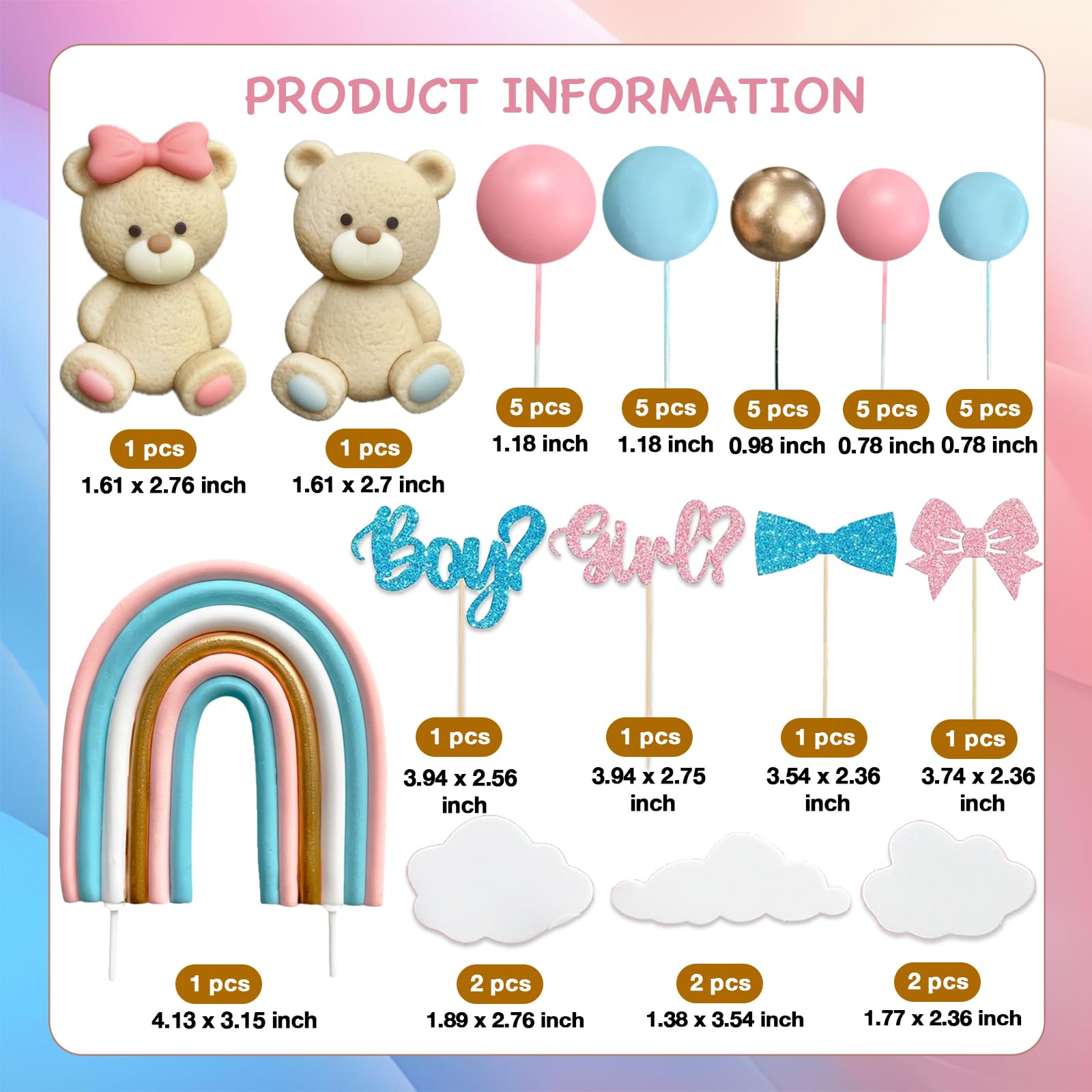 UFROMSKY 38Pcs Bear Cake Topper Gender Reveal Rainbow Cake Decorations with Cute Bears Pearl Balls Rainbow Cloud Cake Pick for Boy Girl Baby Shower Gender Reveal Party Supplies