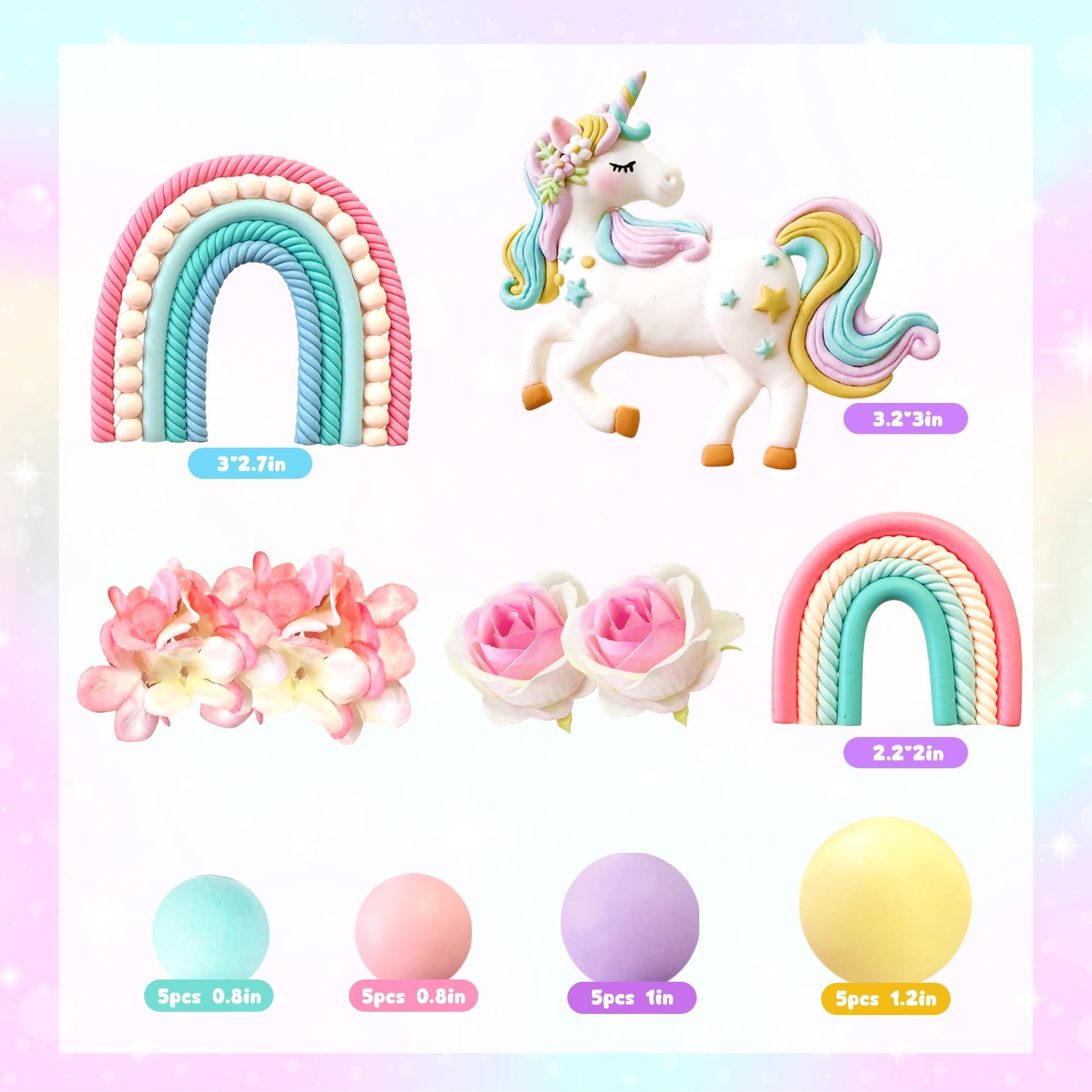 Unicorn Cake Topper Rainbow Flower Cake Decorations, Flowers Balls Decor for Girls Boys Birthday Party Boho Rainbow Unicorns Theme Party Supplies
