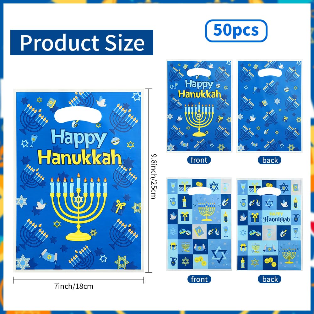 vueuKiGE Hanukkah Gift Bags, 50 PCS Hanukkah Treat Bags with Handles, 7x9.8 Inch Plastic Chanukah Gift Goodie Candy Cookie Bag Jewish Themed Party Favor Bag for Hanukkahs Party Decorations Supplies