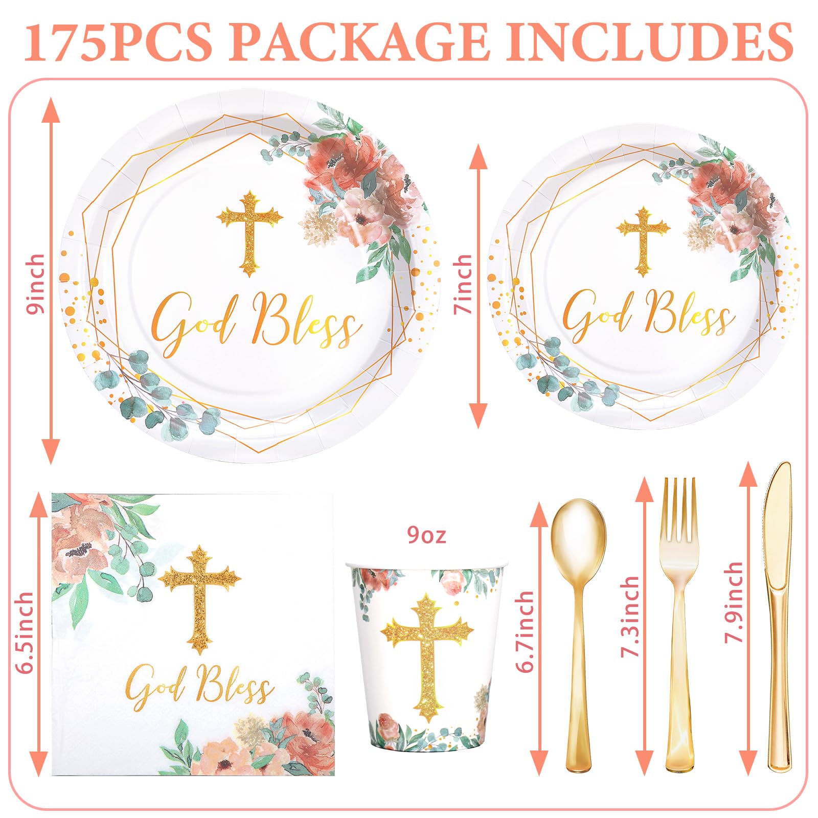175 PCS Baptism Plates and Napkins Party Supplies - Baptism Decorations for Girls - God Bless Disposable Paper Plates First Communion Plate for Christening Baby Shower Party Decorations