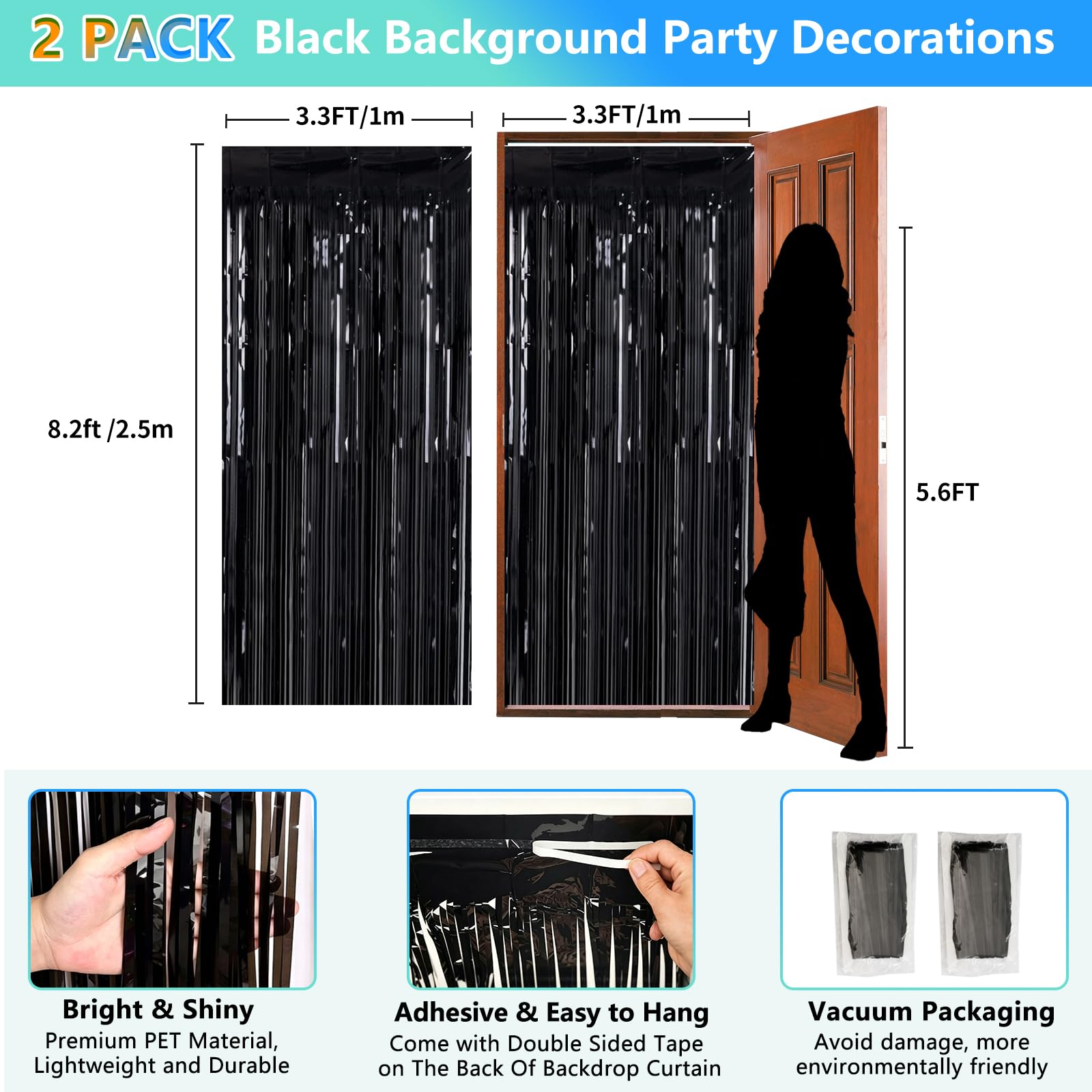 Black Foil Fringe Curtain Party Decorations Door Streamers 2Pack 3.3x8.3 Ft, Black Tinsel Foil Curtain Backdrop Photo Booth Props for Birthday Wedding Bridal Baby Shower Graduation