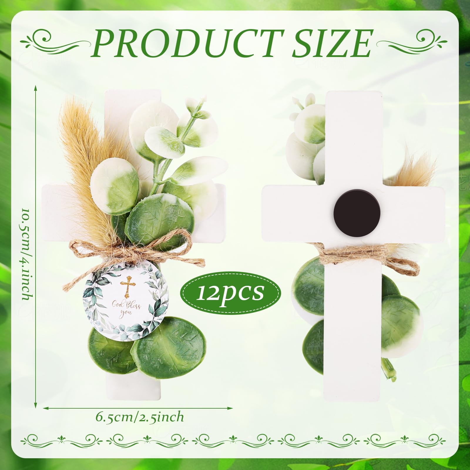 12 Sets Baptism Party Favors for Guests First Communion Favors,Wooden Cross Baptism Magnet with Flowers for Bless Baby Shower Party, Christen Gift,Gender Reveal, (Green, 12)