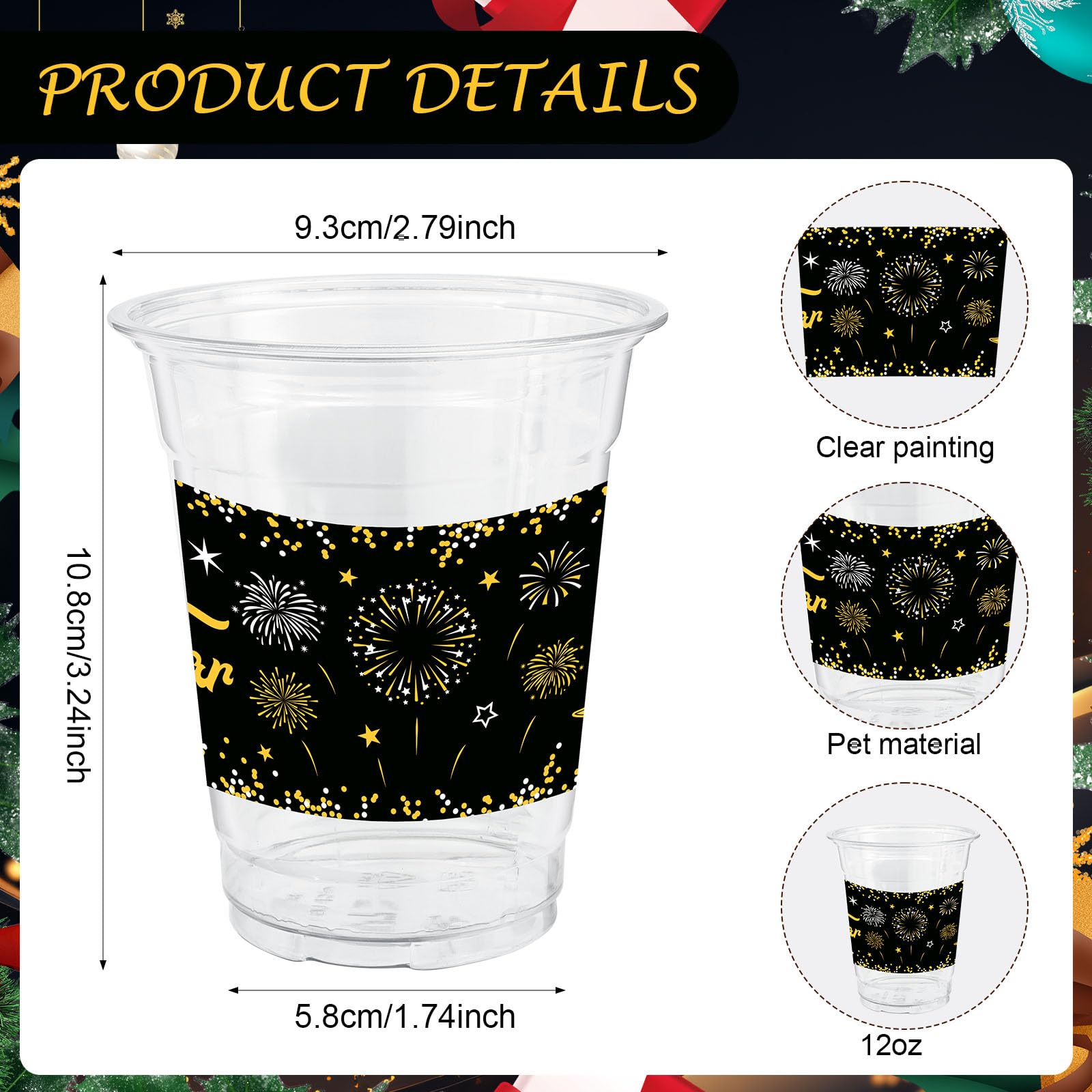 ABURRORI 50 Pcs 12OZ Happy New Year Plastic Cups,New Year's Eve Party Decorations Cups Clear Golden Black Printing Plastic Cup Juice Soda Beverage Party Favors For Holiday Decorations Supplies