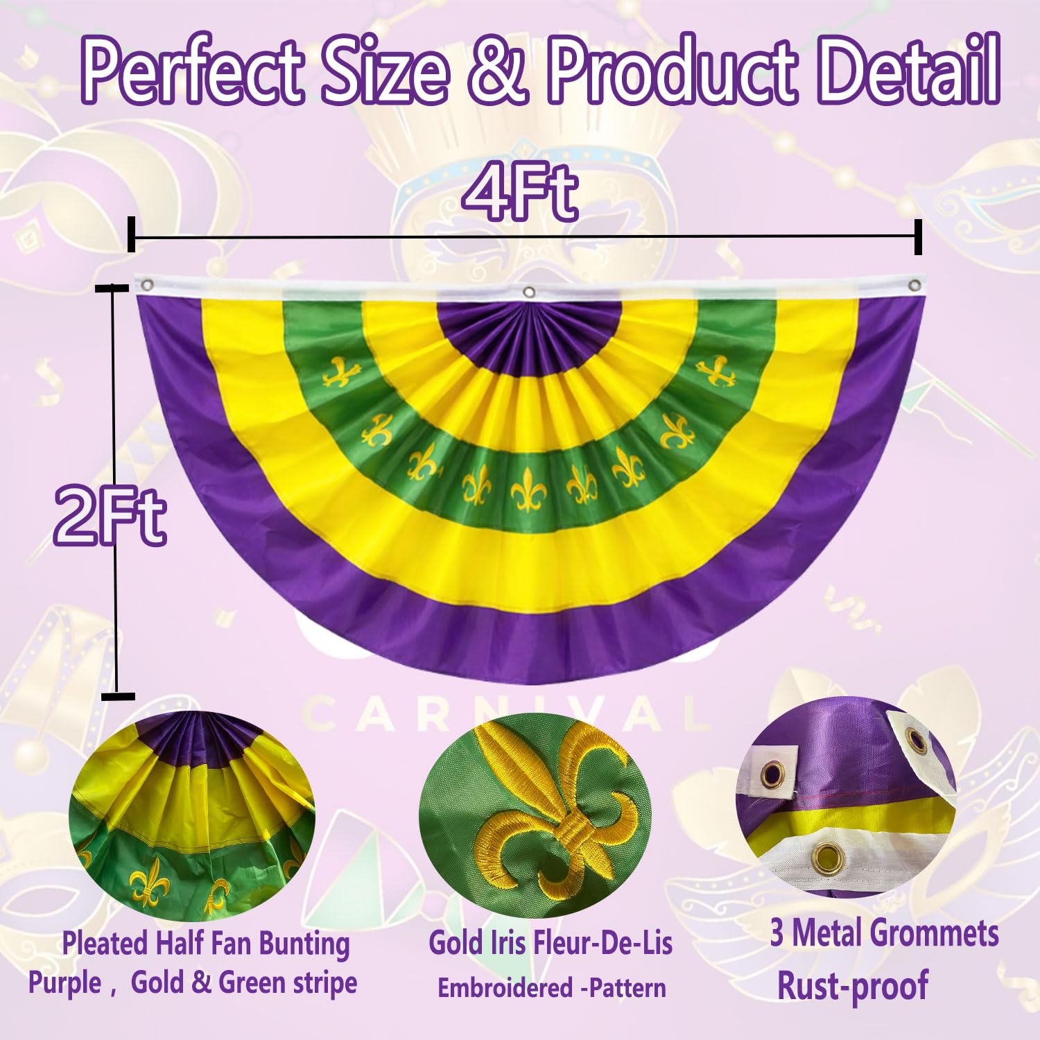 4 Pcs Mardi Gras Bunting Flag 2 x 4Ft Carnival Pleated Fan Flag with Embroidery Iris Banner Mardi Gras Purple Yellow Green Party Decor for Indoor Outdoor Garden Hanging Porch Home Decoration
