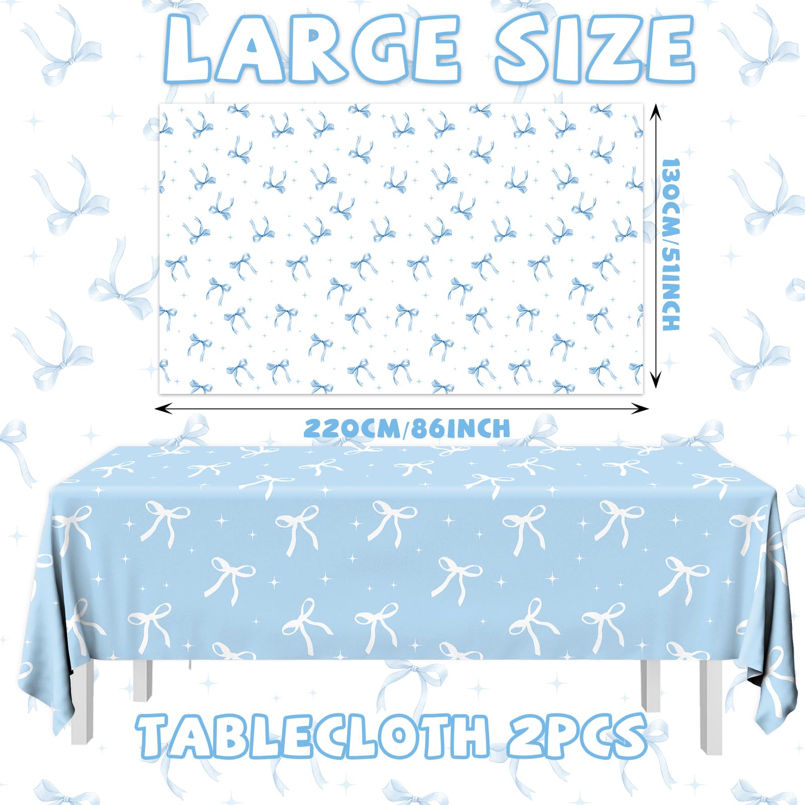HAKOTI 2Pcs Blue Bow Tablecloth,Coquette Birthday Decorations Bow Theme Plastic Table Cover Blue Bow Rectangle Tablecloth for Girls Women Bachelorette Baby Shower Party Decor