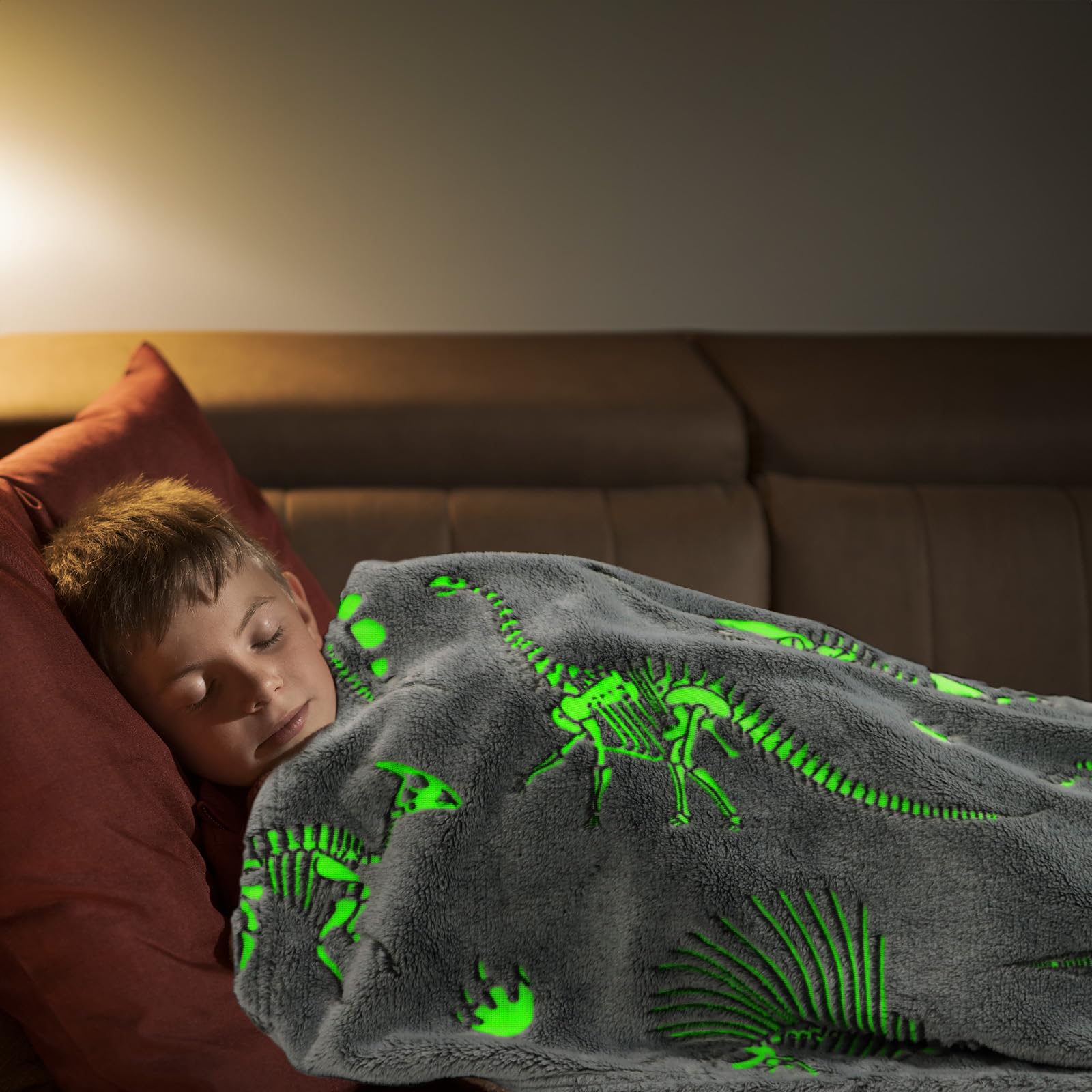 Glow in The Dark Blanket Dinosaur Throw Blanket for Boys Kids Soft Warm Cozy Cute Dino Blanket Unique Dinosaurs Toys Gifts Gray Glowing Dinosaur Room Decor Blankets for Girls Teens 50"x60"