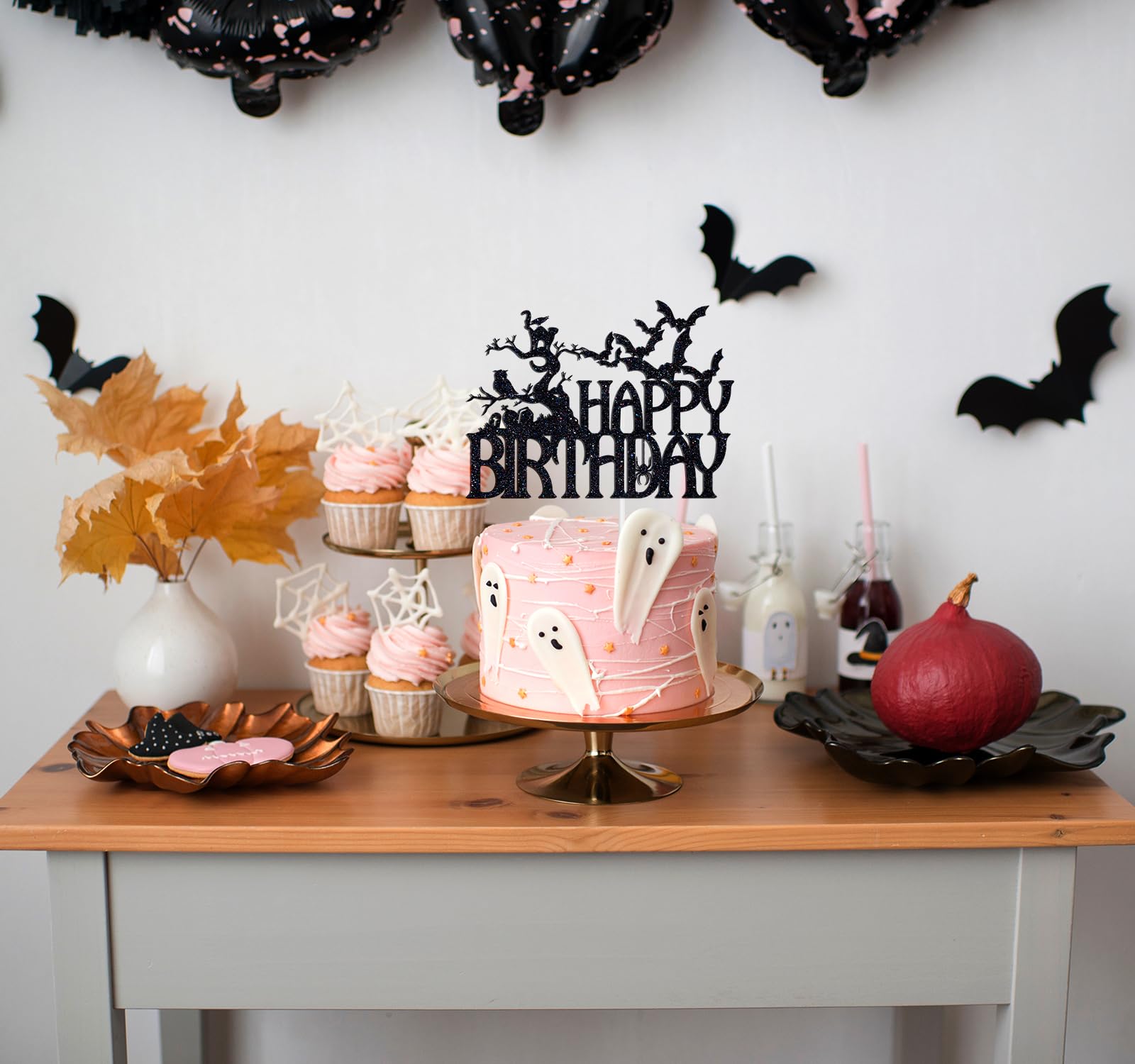 Ferastar Halloween Happy Birthday Cake Topper, Spooky Haunted House Black Glitter Cake Supplies, Creepy Birthday Themed Party Decor Black Glitter