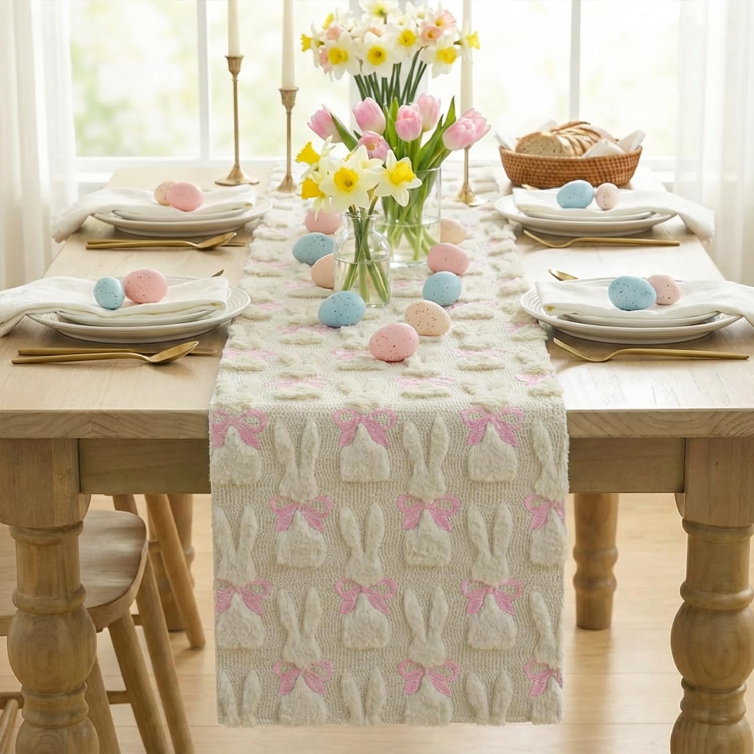 Artoid Mode Beige Soft Plush Faux Fur Jacquard Bunny Bow Easter Table Runner, Spring Holiday Kitchen Dining Table Decoration for Home Party Decor 13x72 Inch