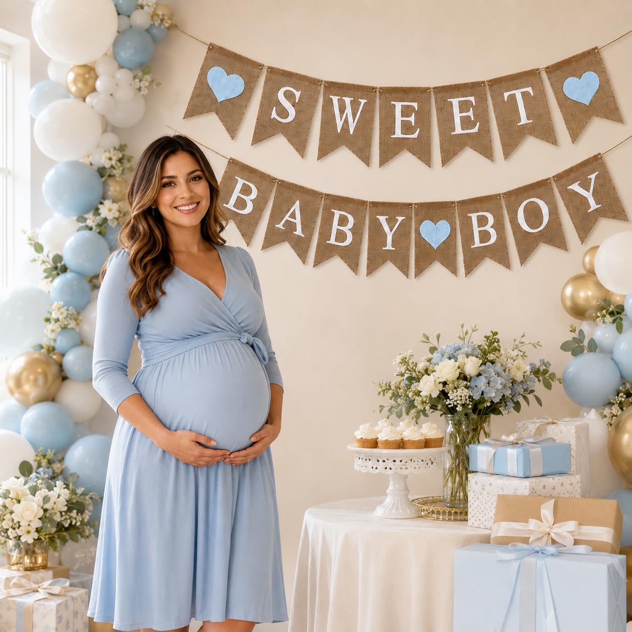 Shimmer Anna Shine Sweet Baby Boy Burlap Banner for Baby Shower Decorations and Gender Reveal Party (Light Blue)