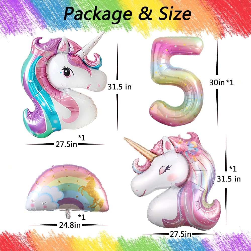 Unicorn 5th Birthday Party Decorations for Girl Purple Pink Theme Balloon Set, Large Rainbow Unicorn Helium Balloons with Heart and Star Baby Shower Kids Supplies (number 5 set)