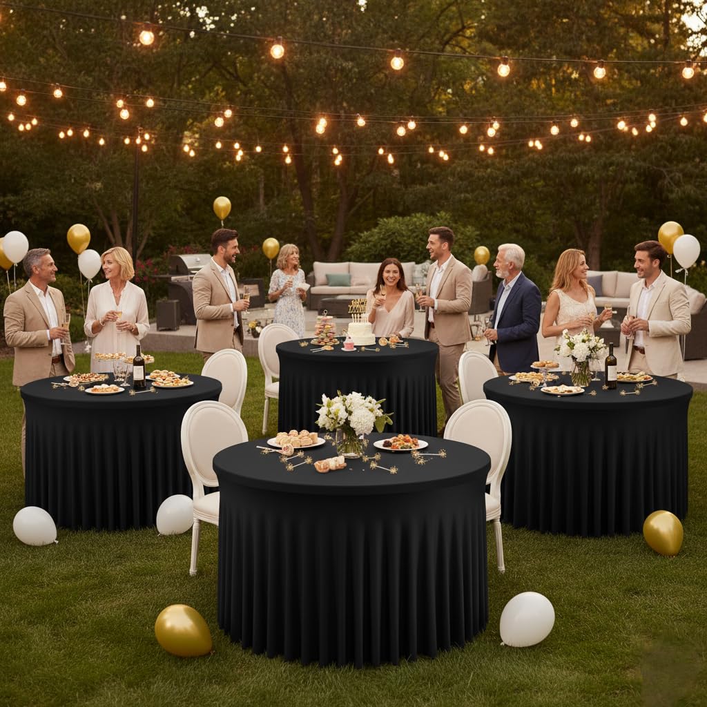 6 Pack Black Spandex Table Skirts for 60 Inch Round Tables, Wedding Party