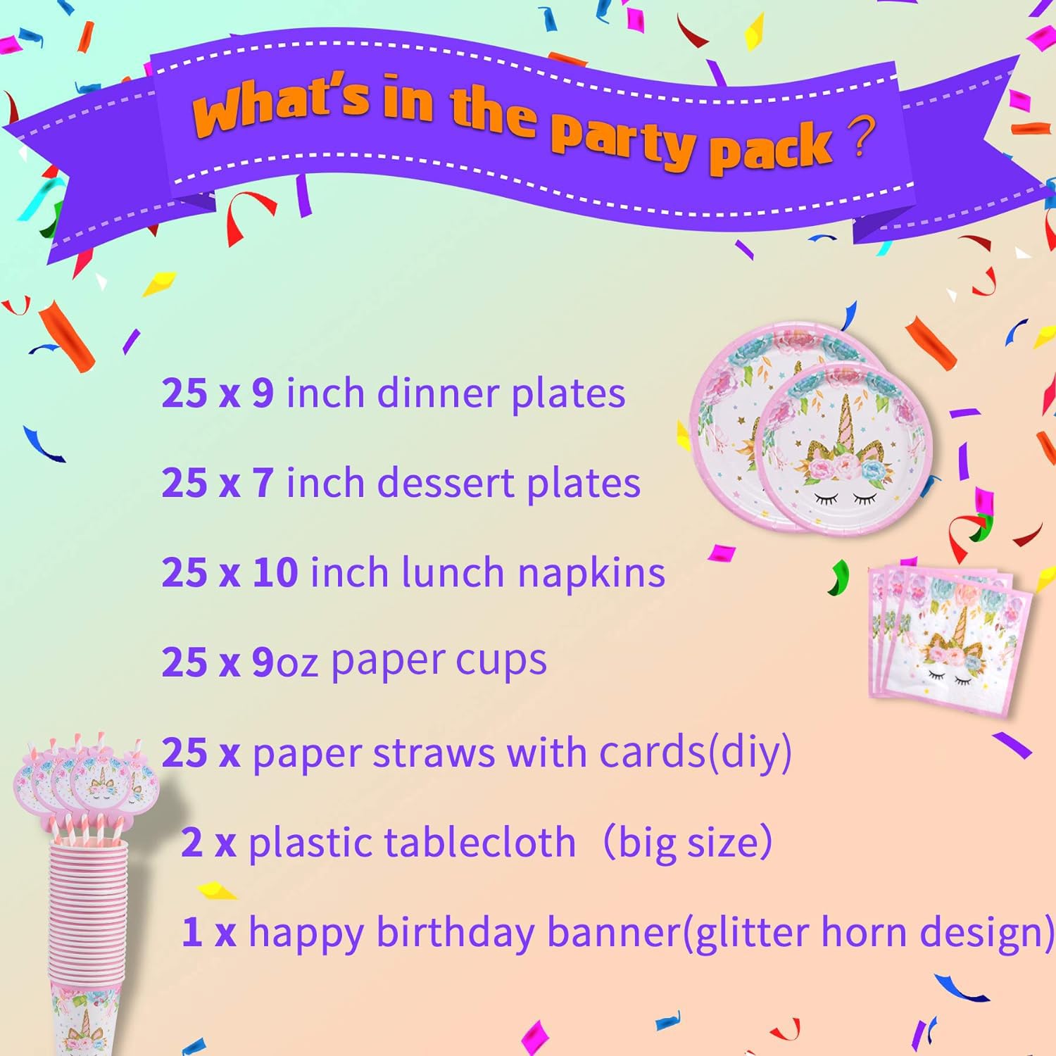 Rainbow Unicorn Party Supplies Set - Serves 25 - Including Unicorn Banner, Plates, Cups, Napkins, Straws and Tablecloths