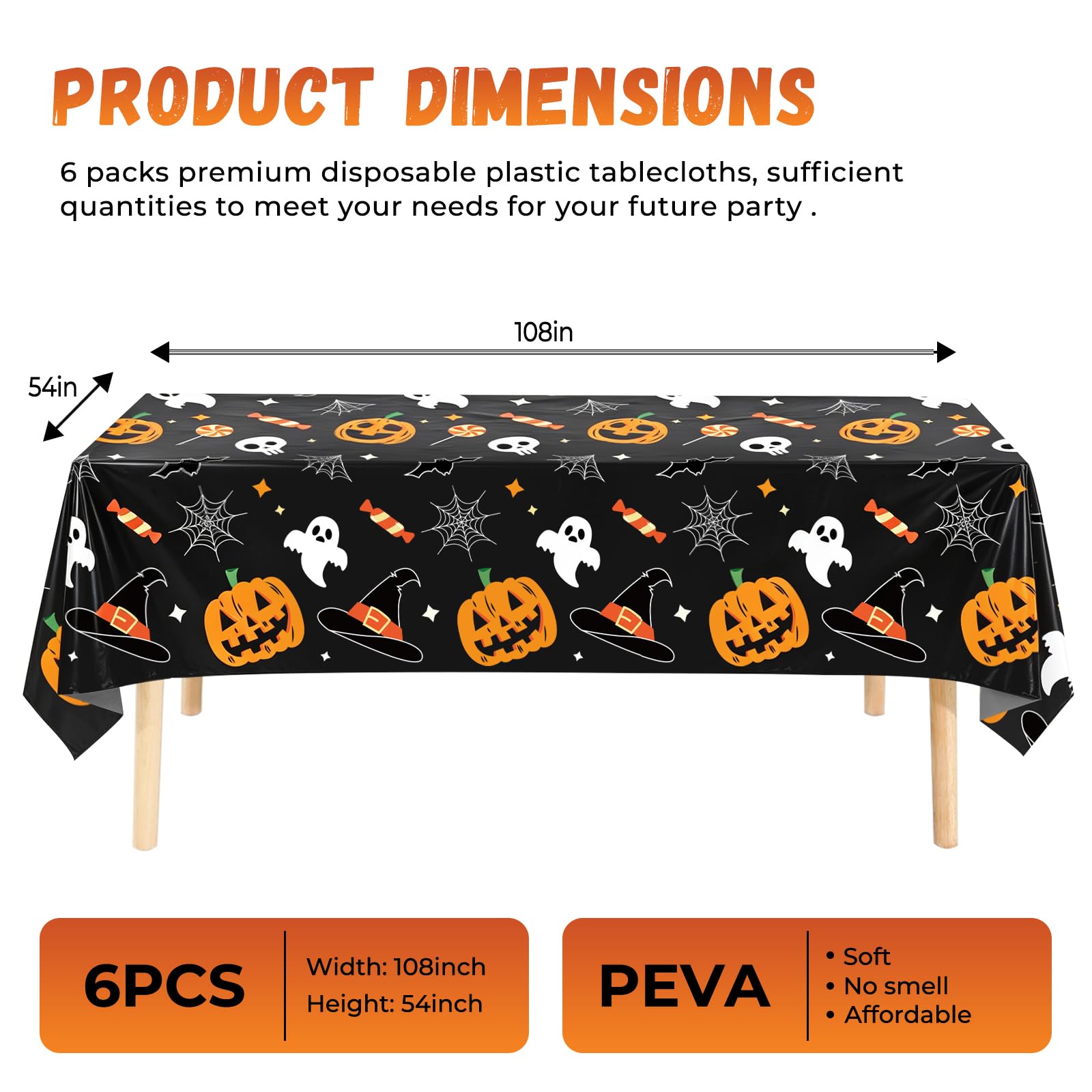 JHDZDHY 6 Pack Halloween Tablecloth, 54" x 108" Rectangular Plastic Halloween Pumpkin Ghost Table Cloth Large Size Halloween Table Covers for Home Decor Party Decorations