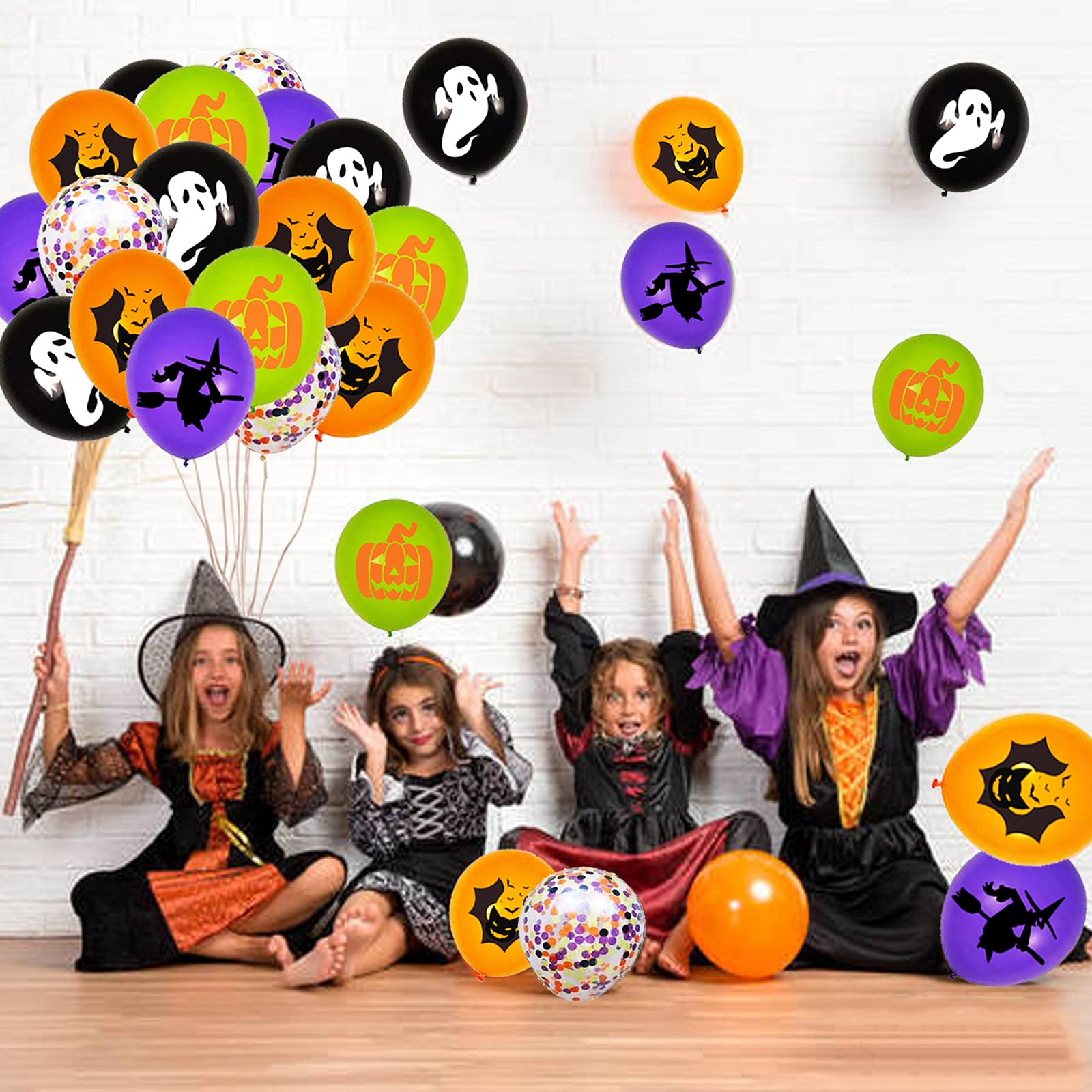 62PCS Halloween Party Balloons Decorations, 12 Inch Black Orange Purple Green Confetti Balloons for Kids Halloween Birthday Bachelorette Party Decorations Supplies