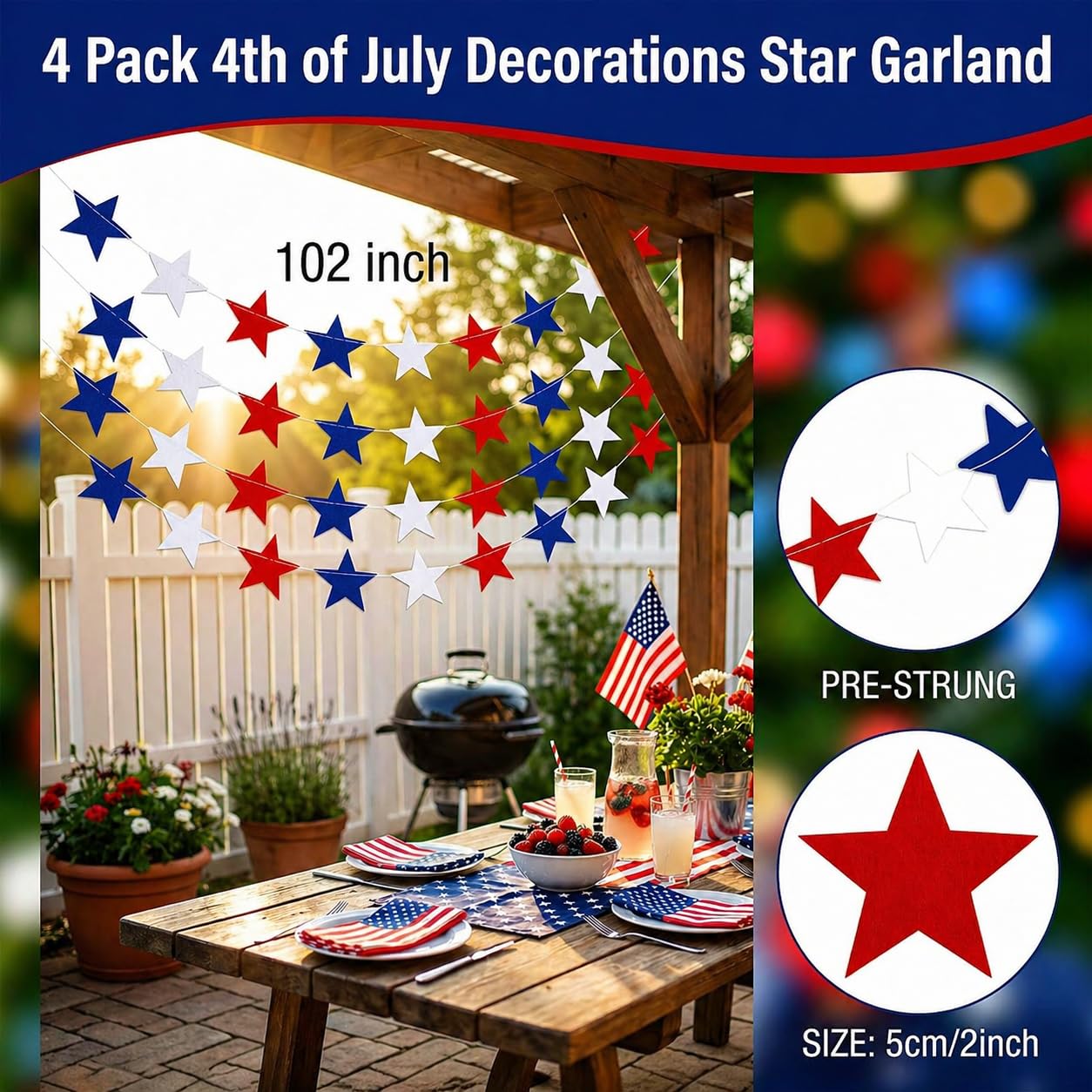 4th of July Decorations - Patriotic Star Garland | Red White Blue Streamers Banner - Memorial Day Fourth of July Accessories Decorations Party Favors Supplies for Outdoor Indoor Home,4 Pack
