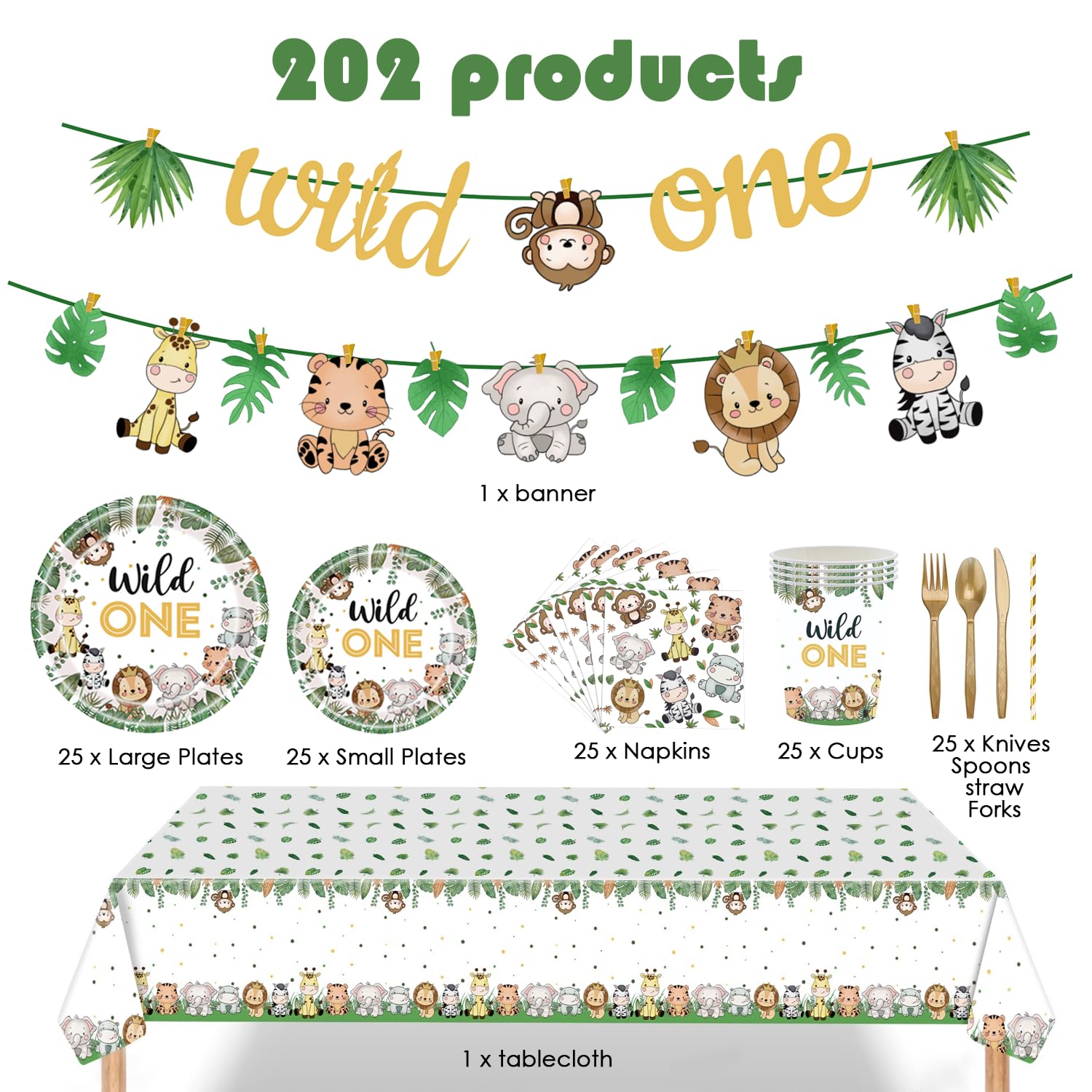 Wild One Birthday Decorations 202 Pcs for 25 Guests, Jungle Safari Theme Party Supplies with Animal Plates Napkins Cutlery Tablecloth Banner, Baby Shower or Boys 1st Birthday Party
