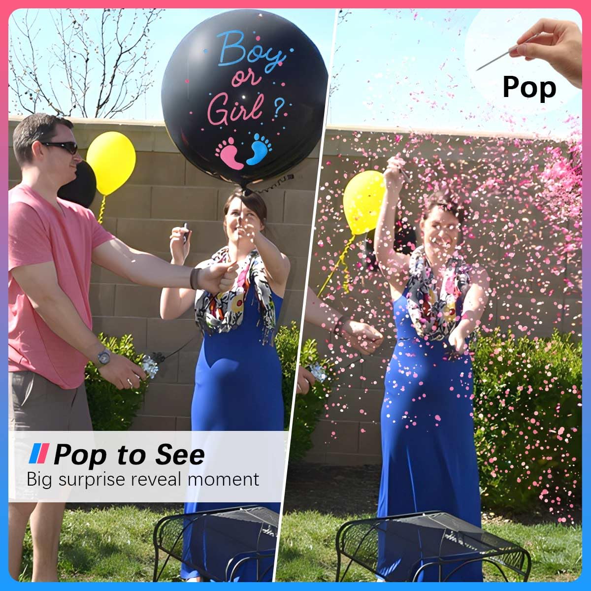 Gender Reveal Balloon Pop Ideas, 2pcs 36" Jumbo Black Baby Boy or Girl Balloons, with Blue Pink Confetti for Revelacion de Sexo de Bebe