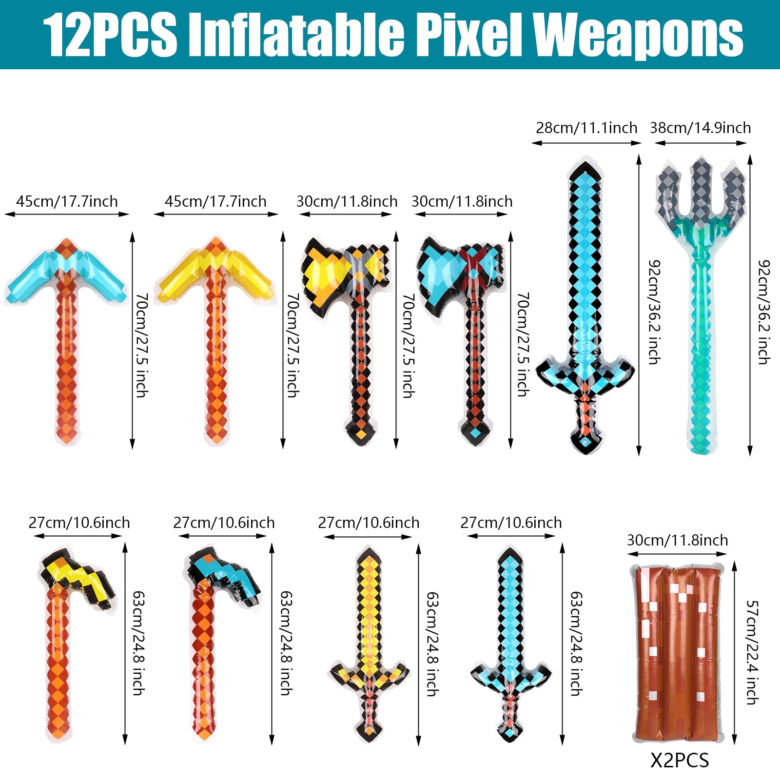 CCINEE 12PCS Inflatable Pixel Weapon Bulk Diamond Swords Axe Pickaxe Trident Shields For Cosplay Birthday Swimming Pool Beach Party Supplies