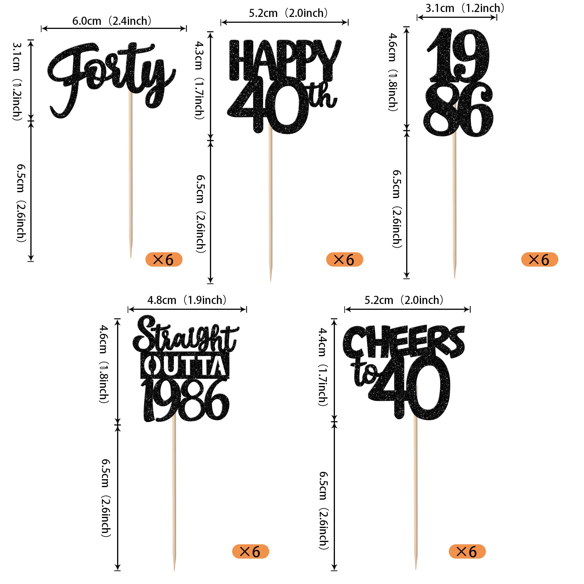 30PCS Black 40th Birthday Cupcake Toppers Glitter Forty Happy 40th Straight Outta 1986 Cupcake Picks for Cheers to 40 Years 40th Birthday Wedding Anniversary Party Decorations Supplies