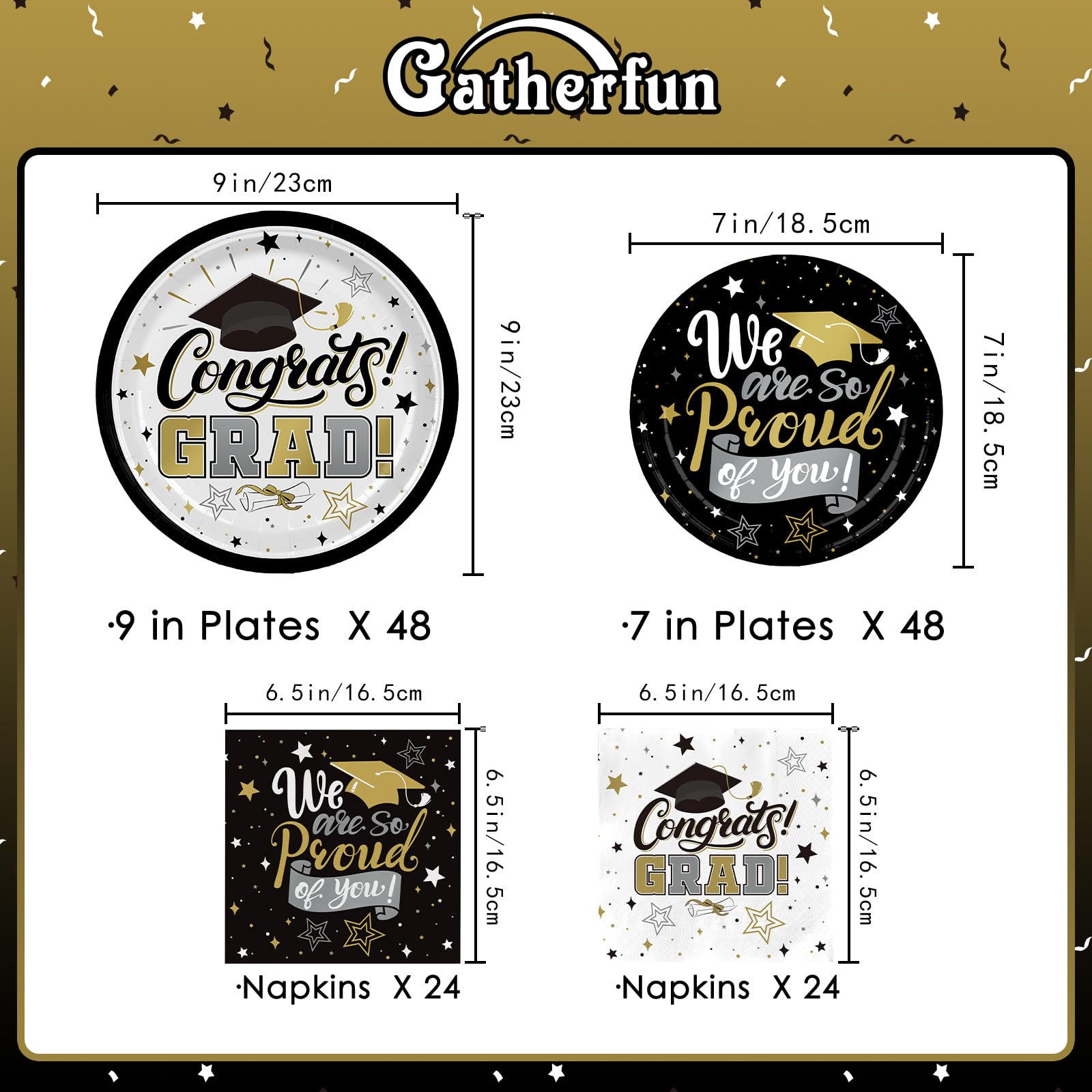 Graduation Decorations 2026 Black and Gold Grad Party Supplies with Disposable Dinner Plates, Dessert Plates and Napkins for 48 Guests - Graduation Party Decorations
