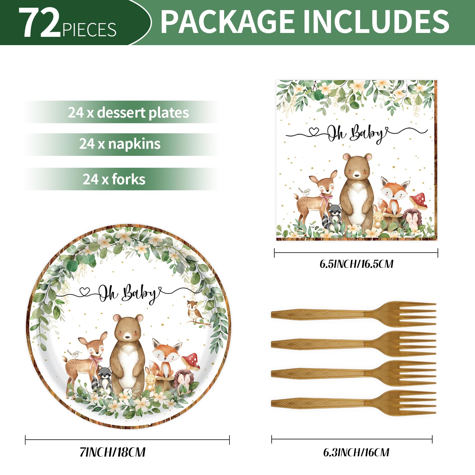 72PCS Woodland Baby Shower Plates and Napkins, Forest Animal Paper Plates and Napkins with Forks Disposable Tableware Set for Boys Girls Safari Jungle Animal Birthday Party Decorations