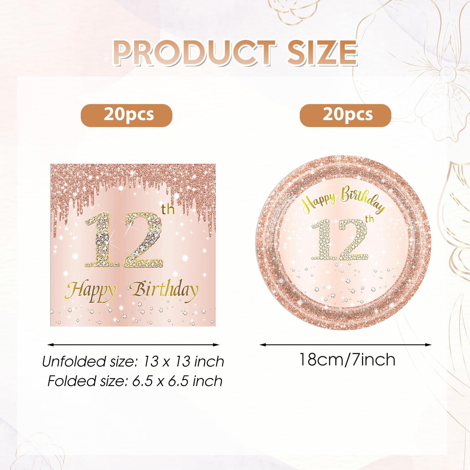 40Pcs 12th Birthday Decorations for Girls Rose Gold 12th Birthday Party Plates and Napkins Happy 12 Years Party Theme Tableware Disposable 7'' Paper Plates, Napkins for Her,Girls Teen Party Supplies