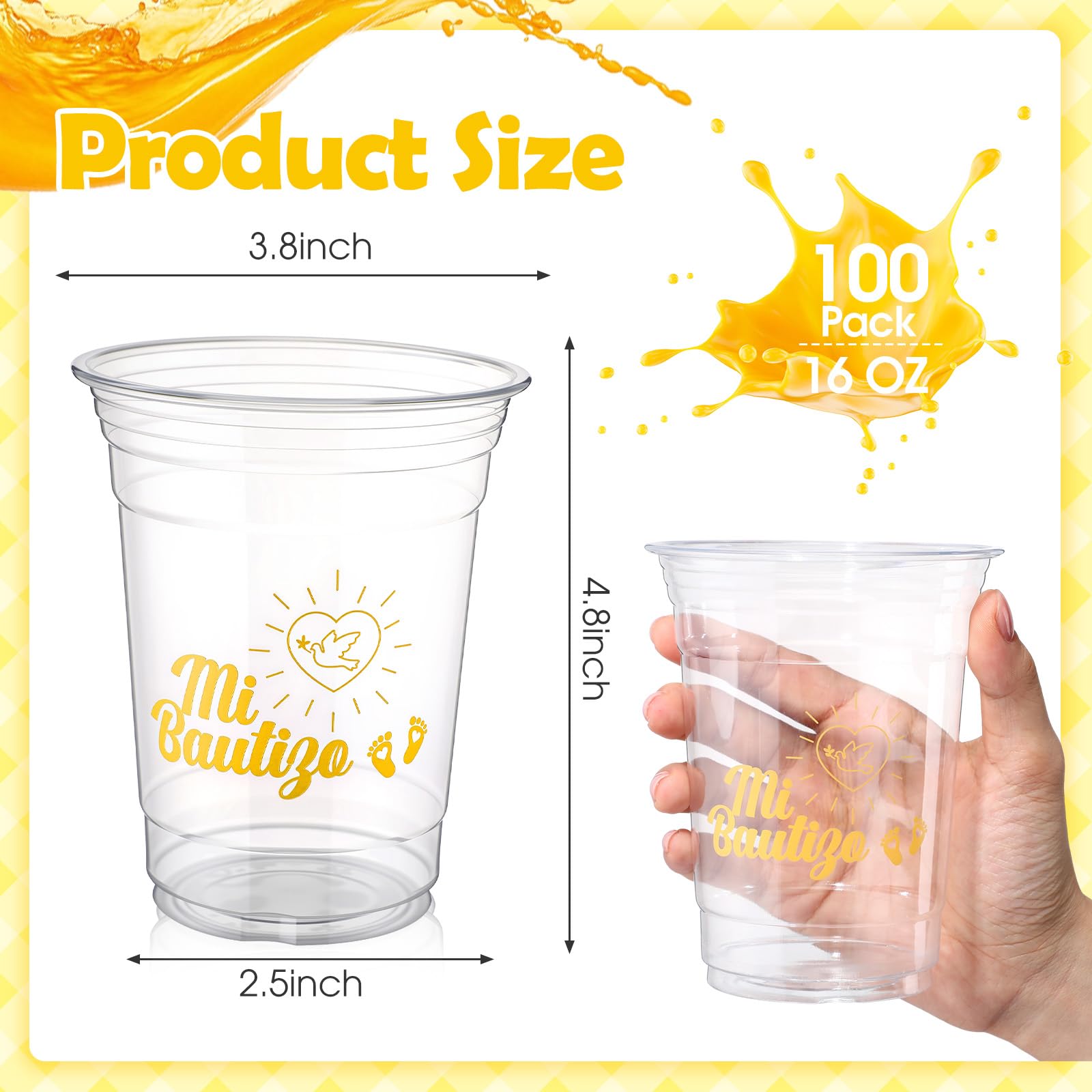 Tiangrid 100 Pcs Spanish Baptism Plastic Cups 16 oz Gold Dove Mi Bautizo Cups for Spanish Baptism Decorations, Easter First Communion & Hispanic Baby Shower Party Supplies