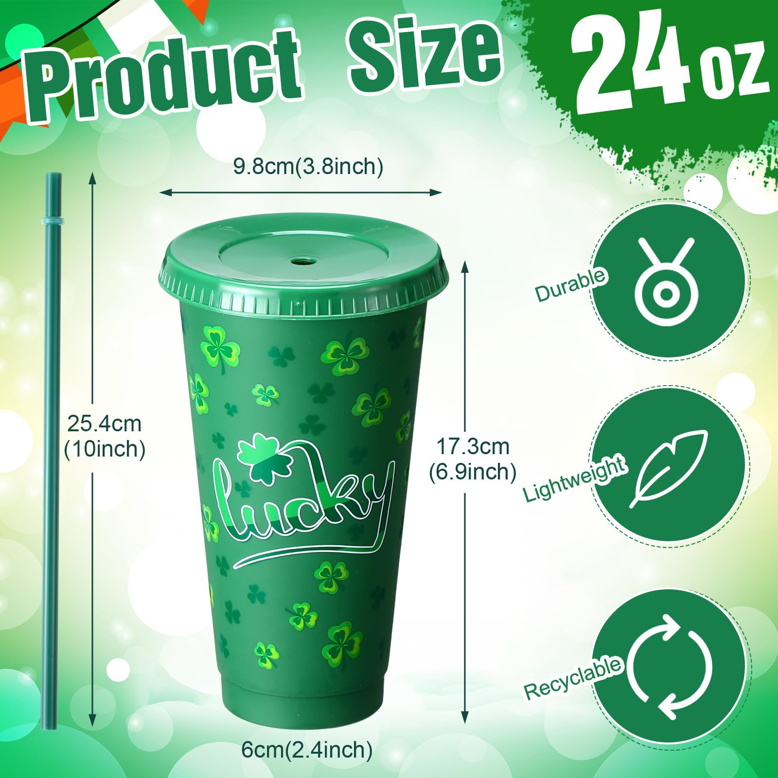 Potchen 12 Pcs St. Patrick's Plastic Cups 24 oz Irish Shamrock Reusable Tumbler with Lids and Straws Green Drinking Juice Cups for St. Patrick's Party Supplies