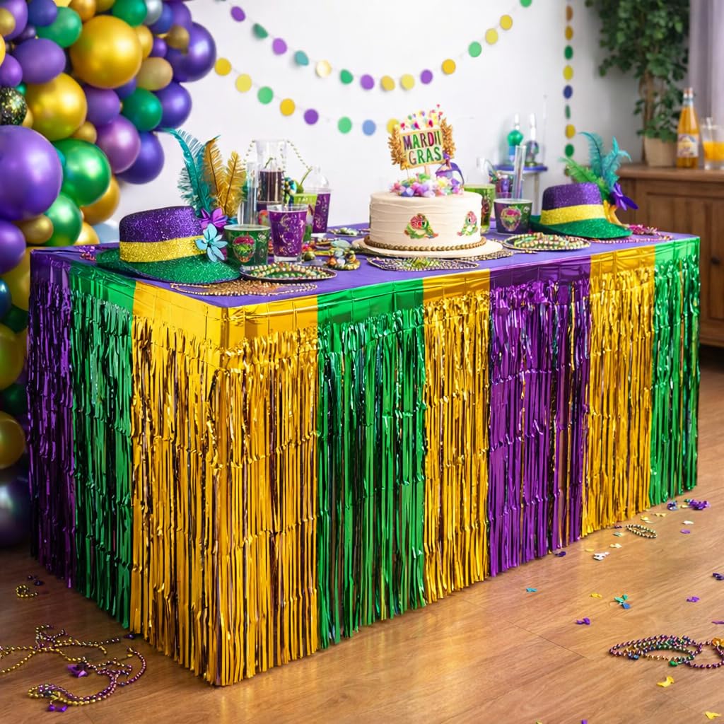 Giftexpress 2-pk Mardi Gras Metallic Fringe Table Skirts, Mardi Gras Party Table Skirt, Mardi Gras Table Decoration
