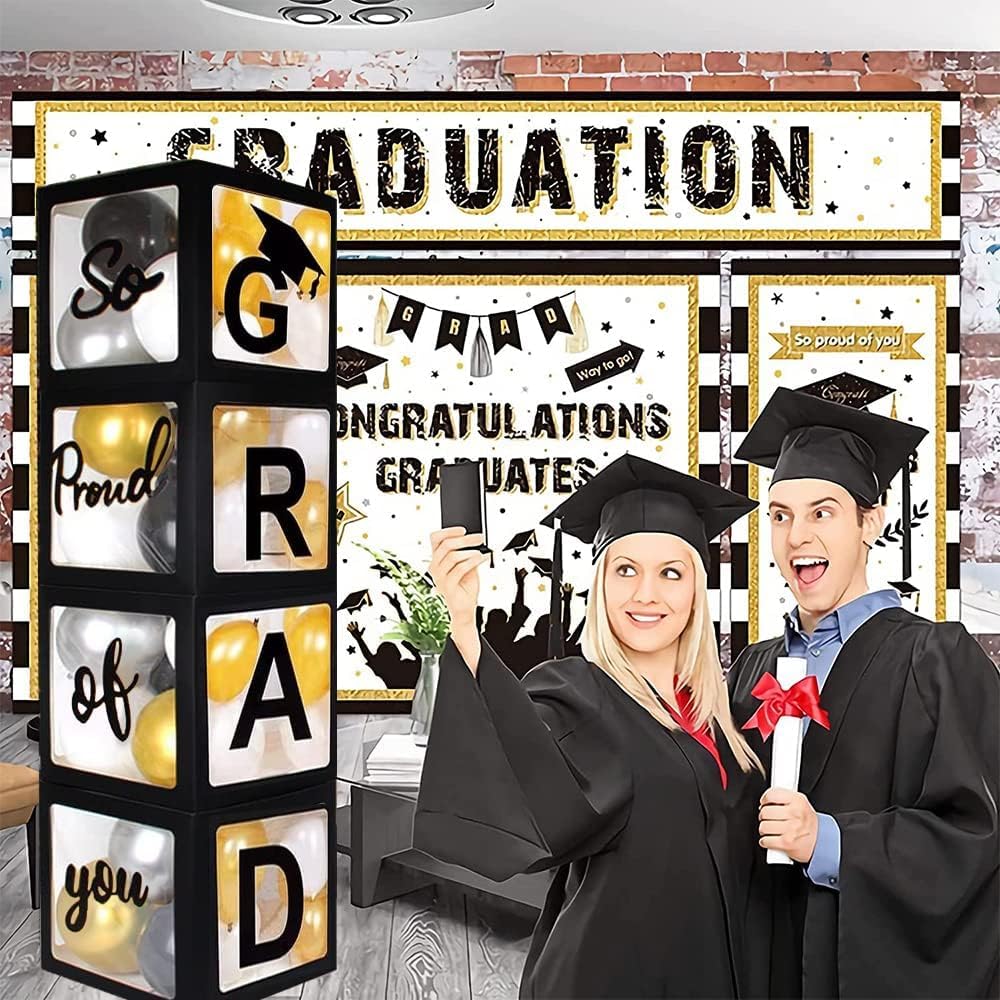 2027 Graduation Decoration Black Balloon Boxes with Letters 2027 Grad & So Proud of You and 20 pcs Ballons-Graduation Party Decoration Supplies for High School & College Celebrations