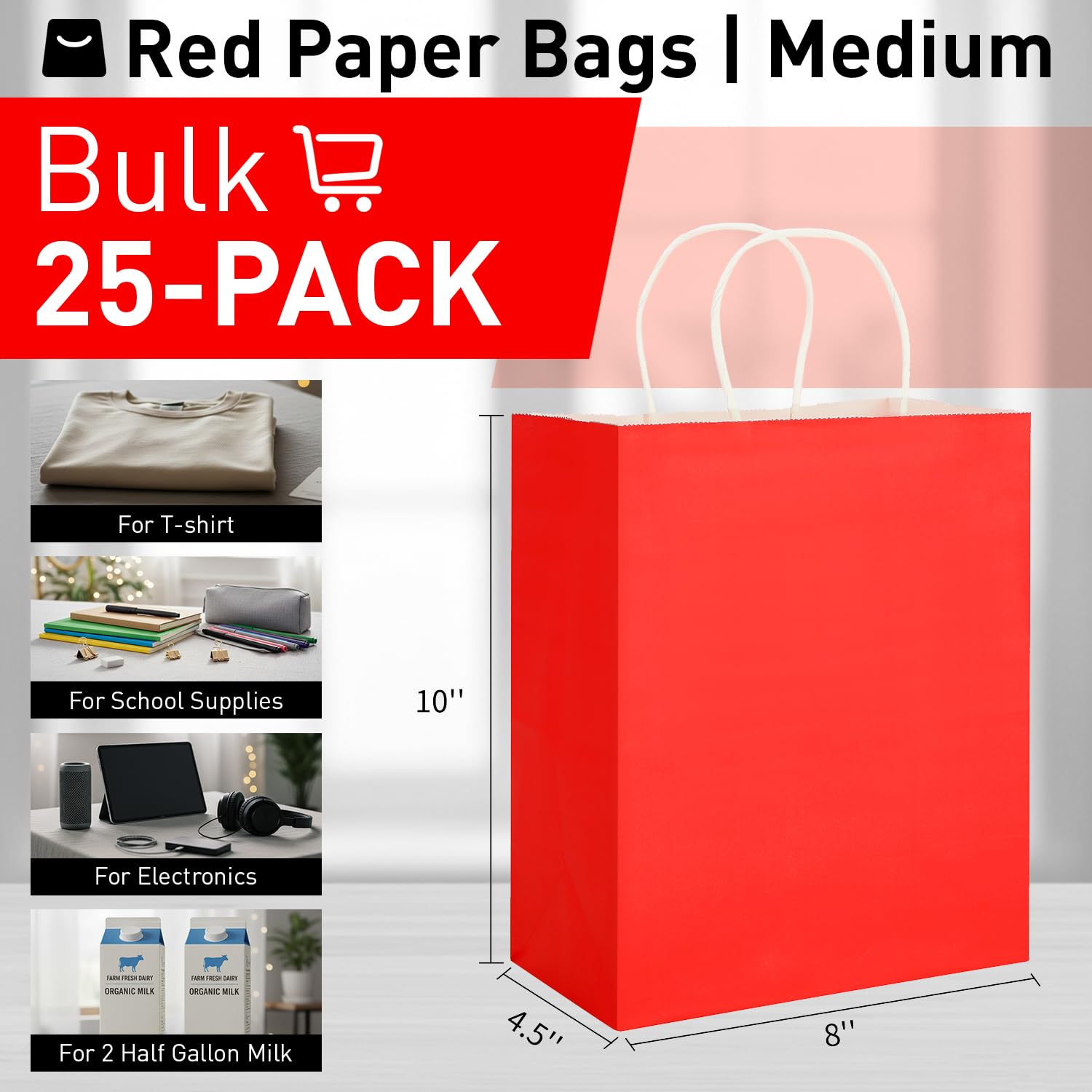 SUNCOLOR 25 Pack Red Gift Bags with Handles, 8x4.5x10 Inch Medium Paper Bags for Shopping, Retail, Party Favors, Wedding, Valentine's Day