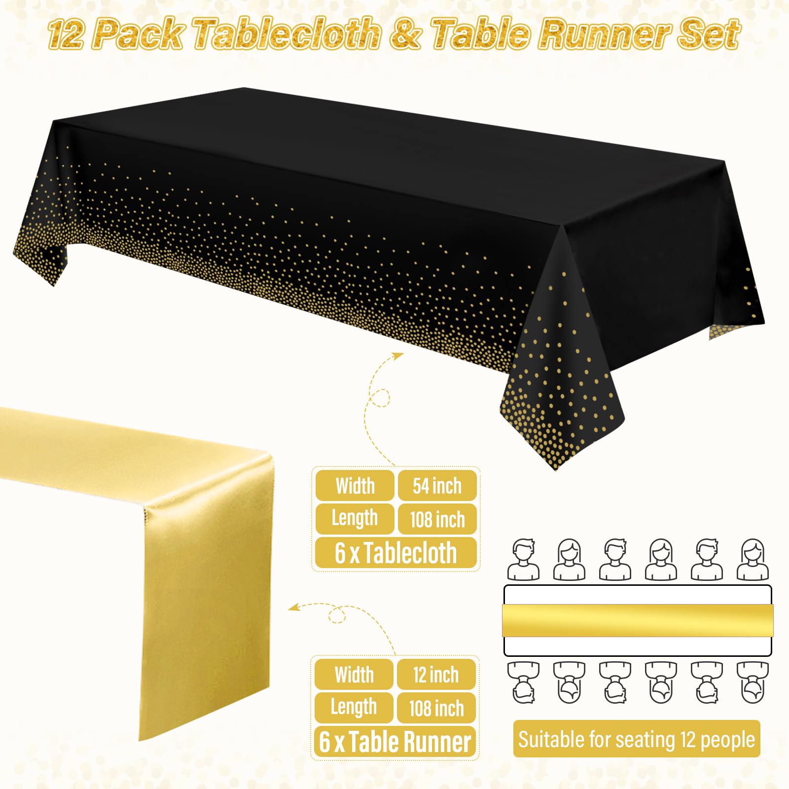 12 Pack Black and Gold Tablecloth and Table Runner Set Party Decorations, Black and Gold Plastic Disposable Tablecloth and Satin Table Runner for Wedding Birthday Bridal Graduation Anniversary Party
