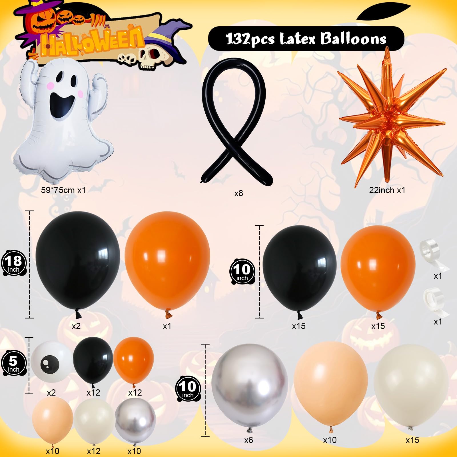 Halloween Balloons Garland Arch Kit, 132pcs Orange Silver Black Balloons, Spider Eye Balloon Ghost Orange Explosion Star Foil Balloon for Spooky One Horror Birthday Trick or Treat Party Decoration