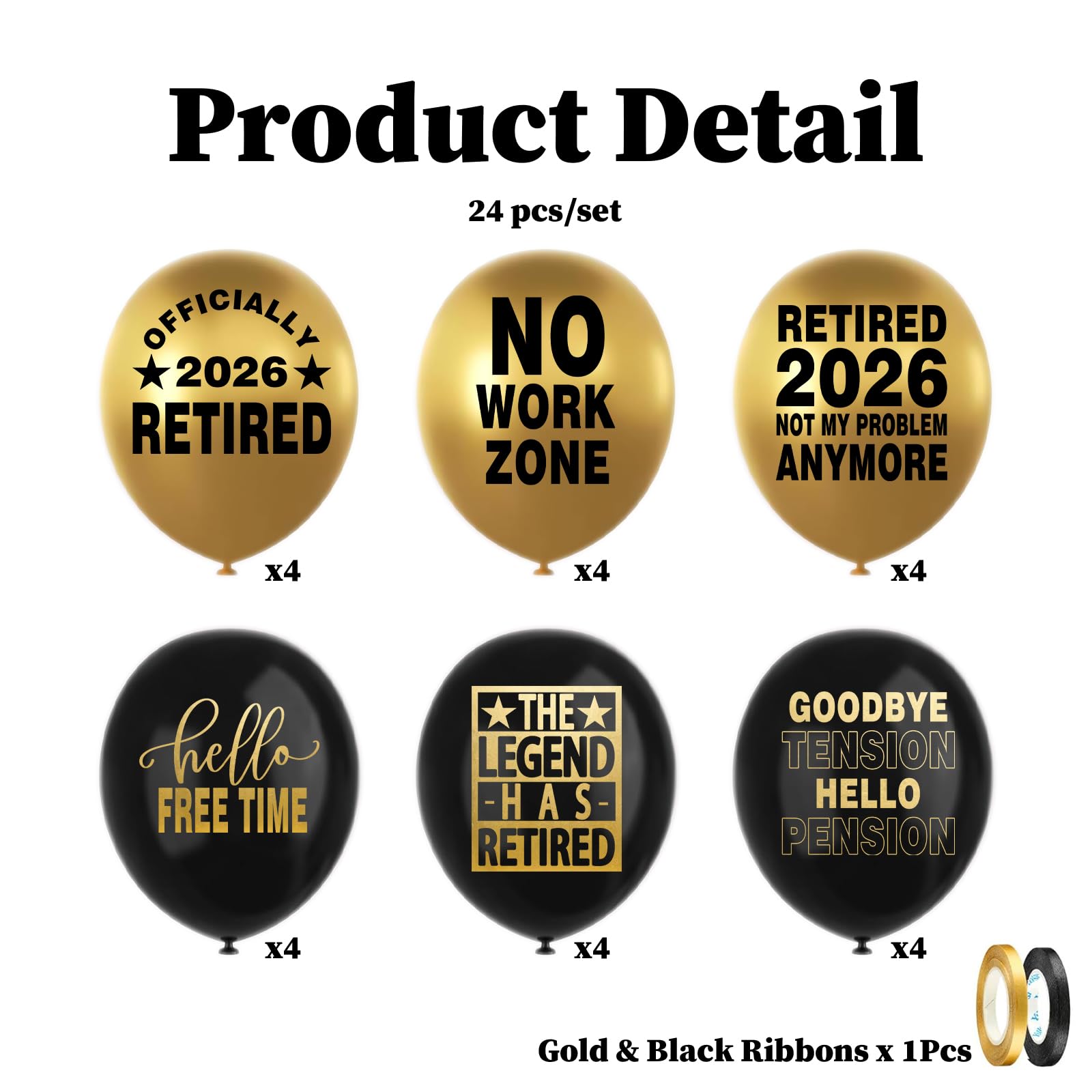 Happy Retirement Party Black and Gold Balloons for Retirement Party Decorations, Balloons designed specifically for a Retirement, 12inch Latex 24pcs Balloons for Party Supply