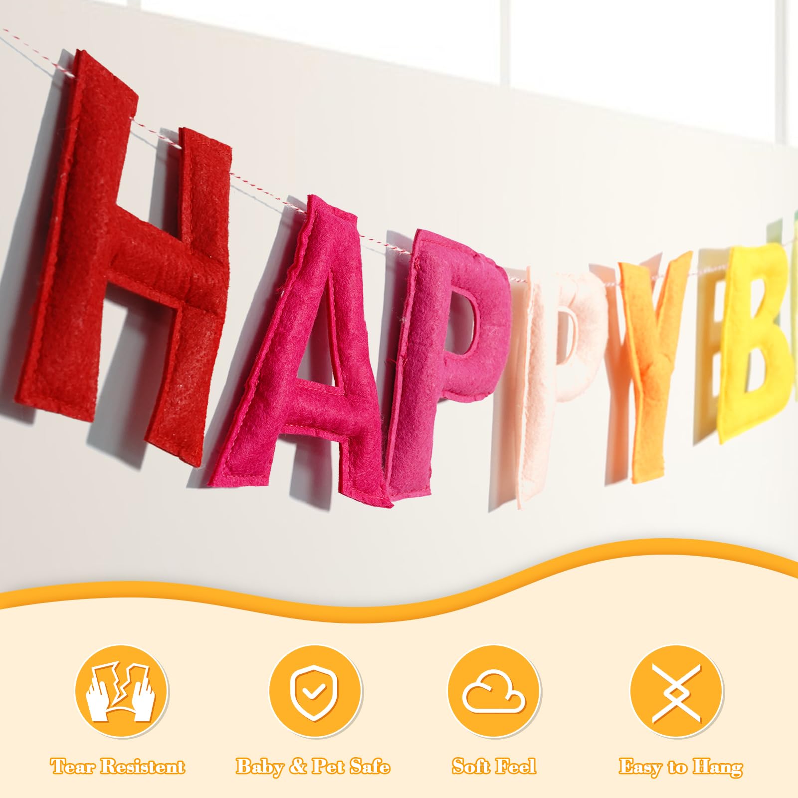 4PCS Pre-Strung Happy Birthday Banner - Felt Happy Birthday Garland, Ball Garland, Felt Pennant Flag, Colorful Thread Tassel Rainbow Party Decorations for Women Men Kids