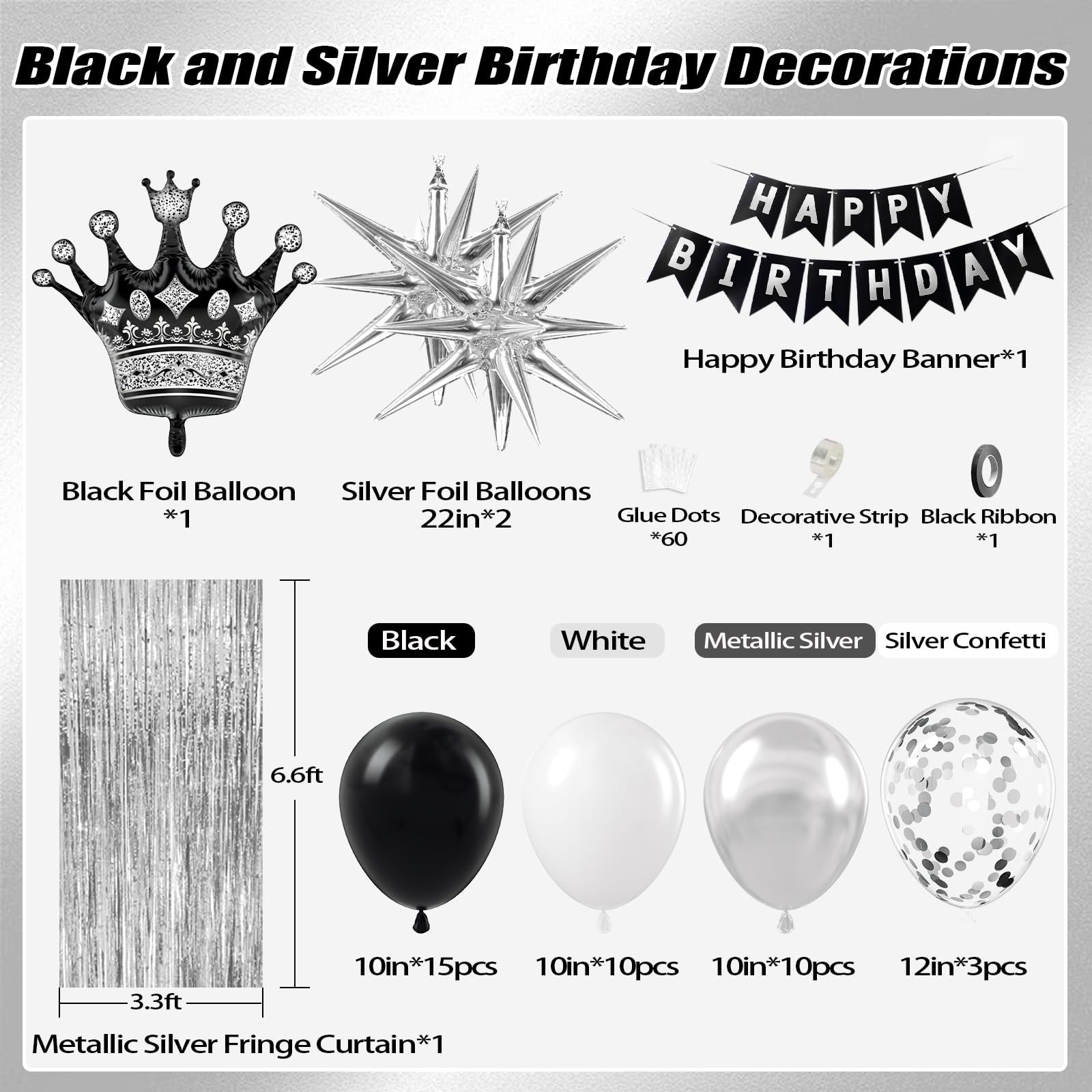 Black Birthday Decorations for Men with White Silver and Silver Balloons