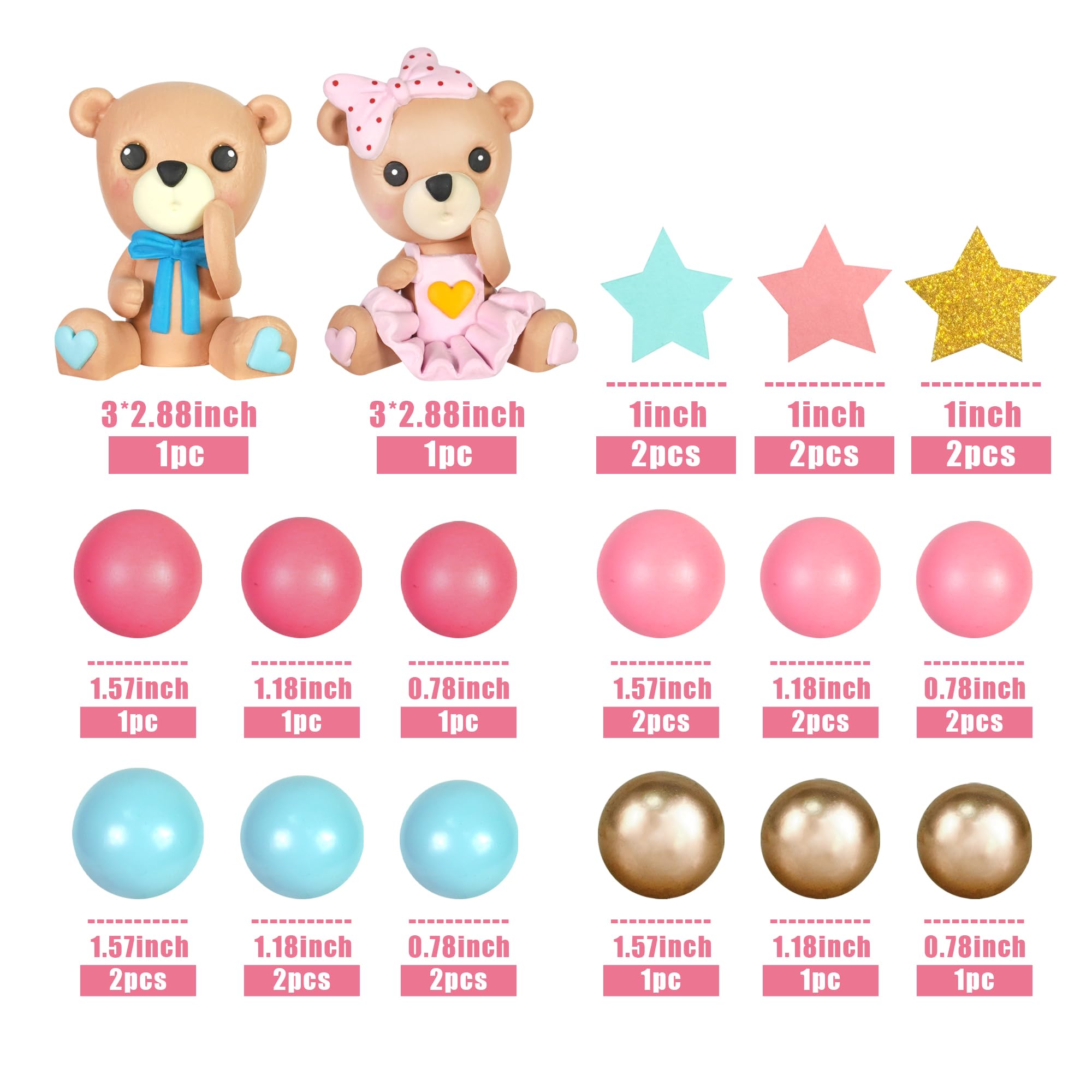 26 PCS Bear Cake Toppers Pink Blue Bear Figurine Balls Cake Decorations
