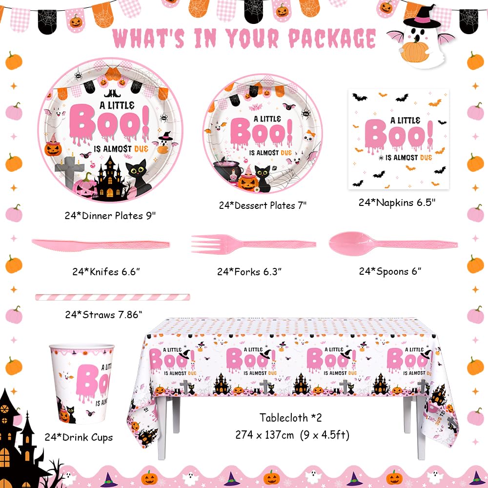 AIBIIN 194Pcs Halloween Baby Shower Decorations for Girl A Little Boo is Almost Due Baby Shower Party Plates, Cup, Napkin, Tablecloth, Tableware, Halloween Themed Party Supplies Plates Serve 24 Guests