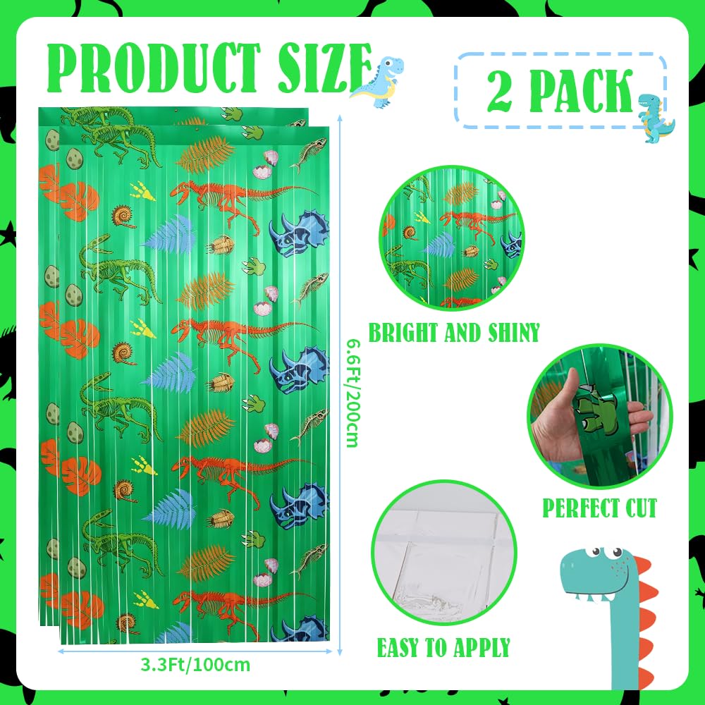TONIFUL 2Pcs Green Metallic Foil Fringe Curtains with Dinosaur Pattern