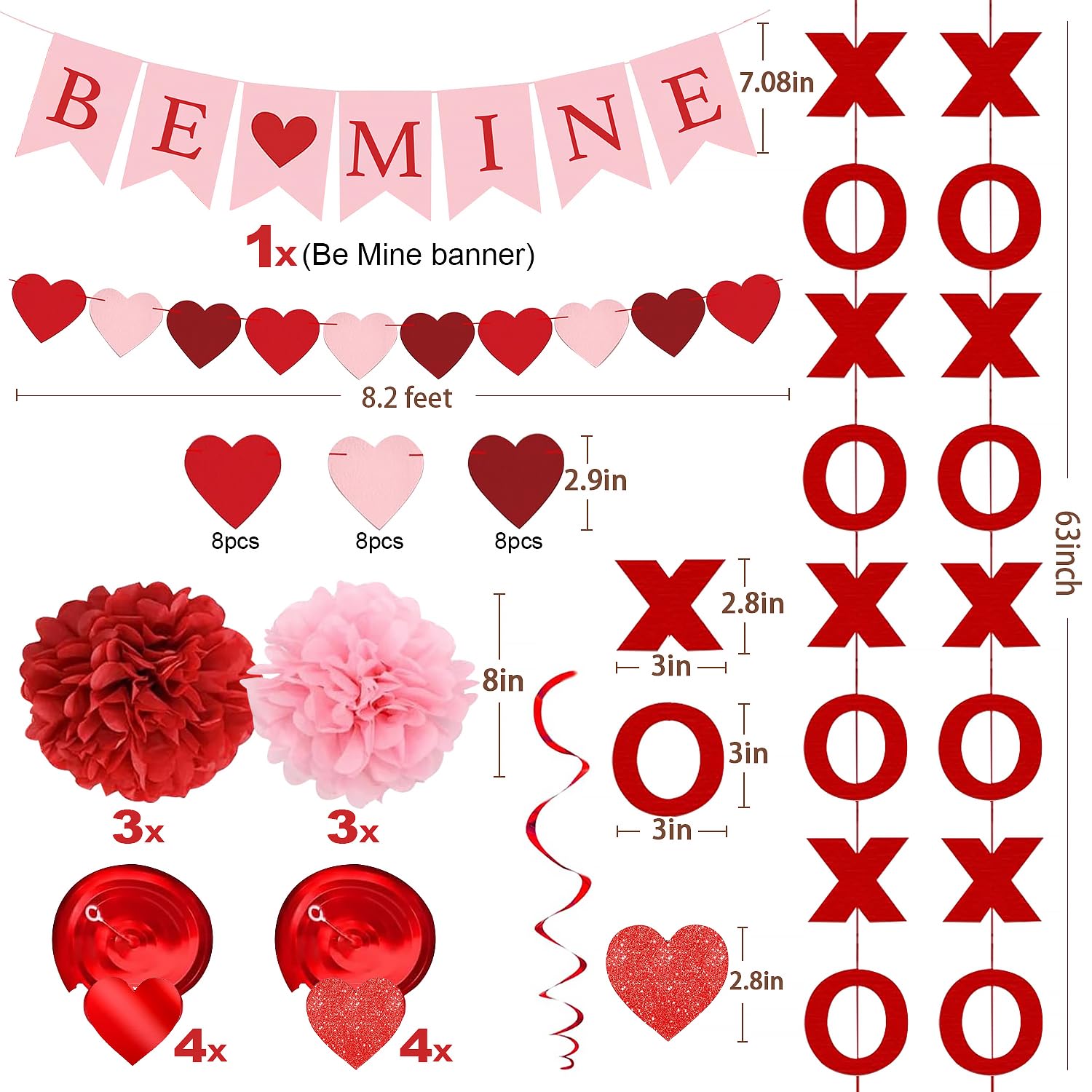 Upgraded Valentines Day Decorations Set Pre-Assembled Hanging Heart Swirls,BE Mine Banner,Heart XO Garlands Banner for Valentines Wedding Engagement Anniversary Party