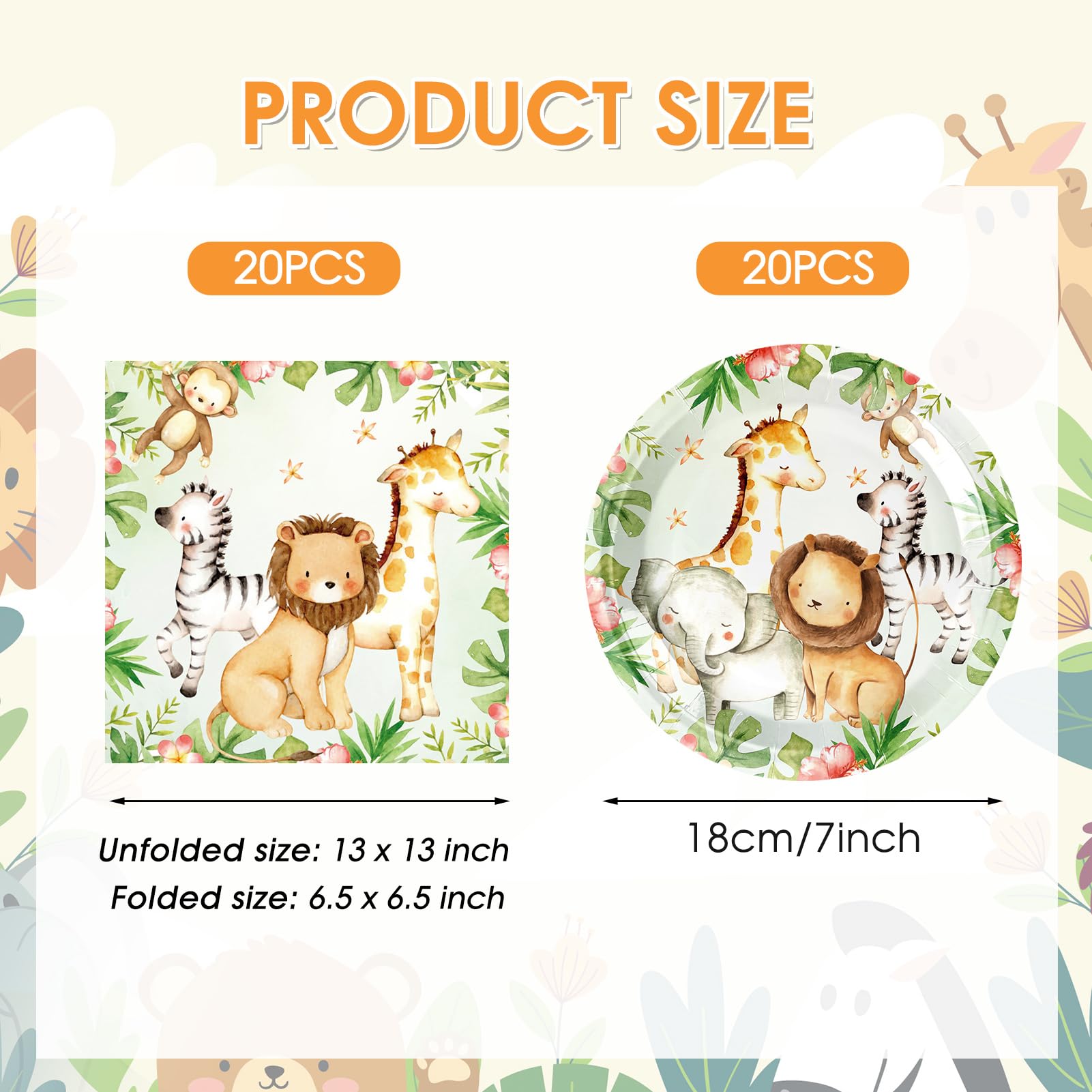 DURYGEN 40PCS Jungle Safari Birthday Decorations Disposable Tableware Set Safari Jungle Themed Party Dessert Plates, Napkins Baby Shower Animal Birthday Party Decorations for Boys Girls